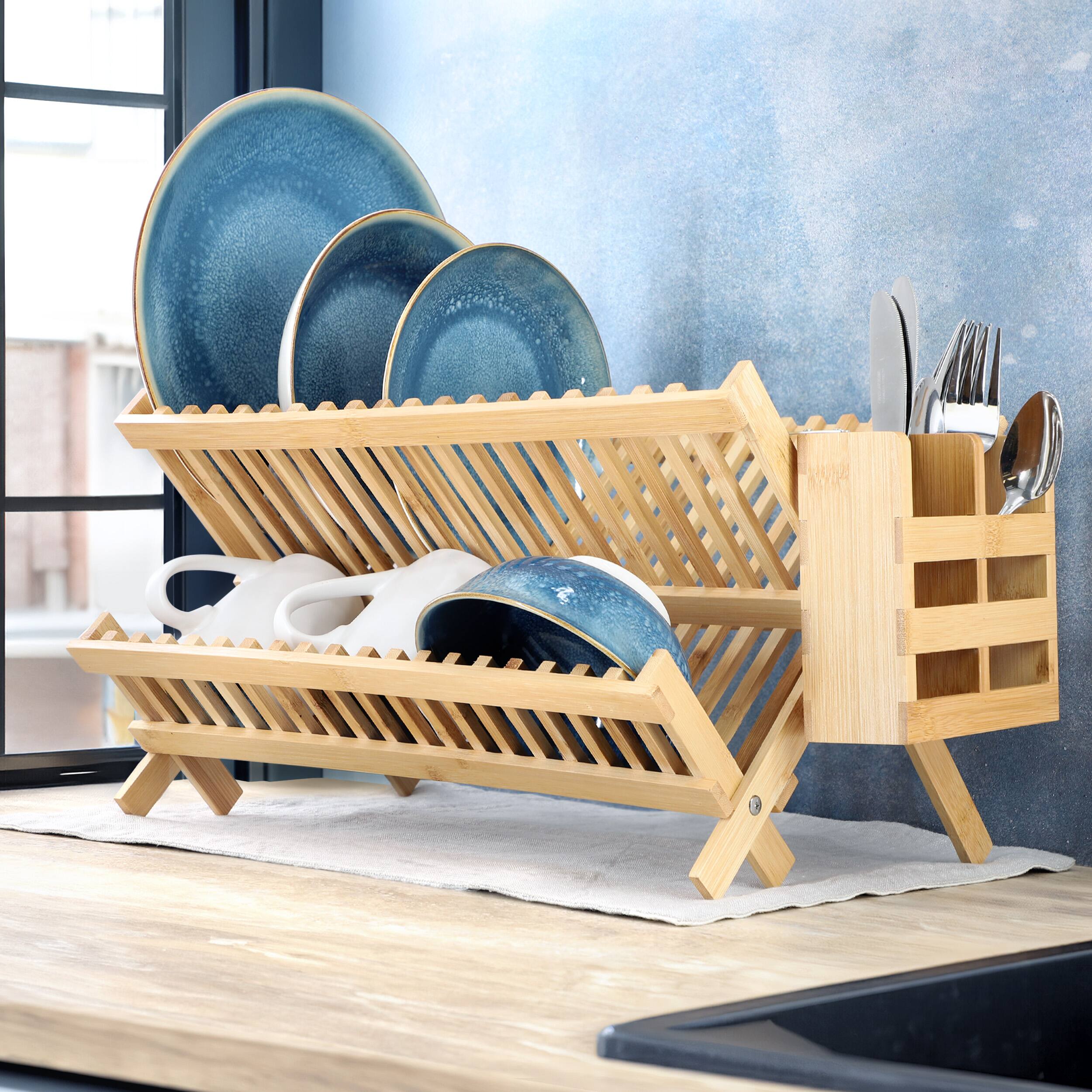 Alt View 1. MegaChef - MegaChef 2 Tier Collapsible Kitchen Bamboo Drying Dish Rack with Utensil Holder - Brown.