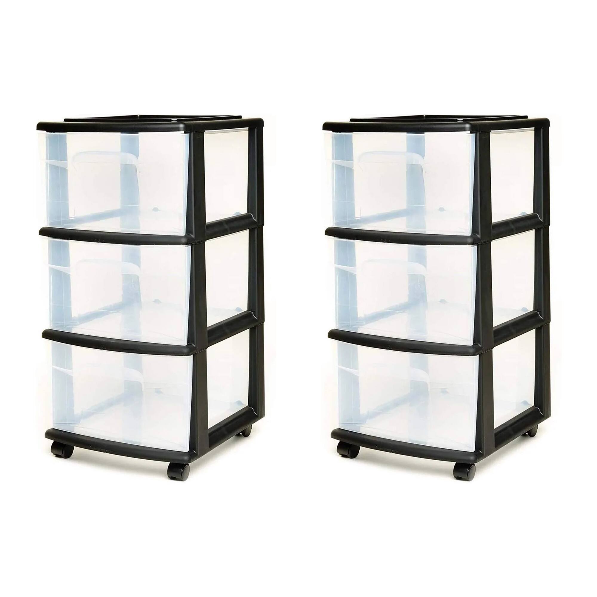Front. Homz - Homz Plastic 3 Drawer Medium Storage Tower, Clear Drawers & Black Frame (2 Pack).