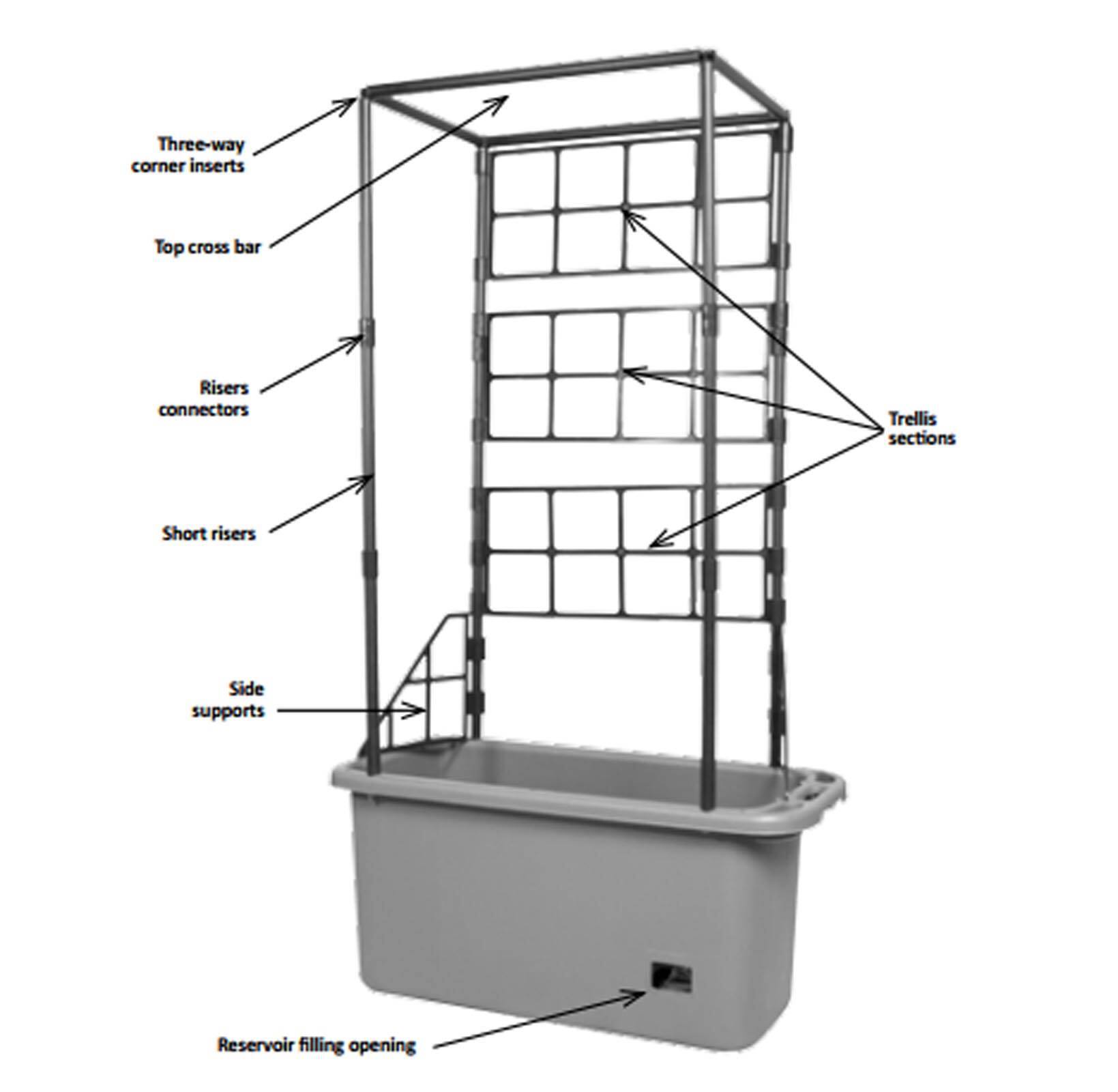 Three-way corner inserts  
Top cross bar  
Risers connectors  
Short risers  
Side supports  
Trellis sections  
Reservoir filling opening