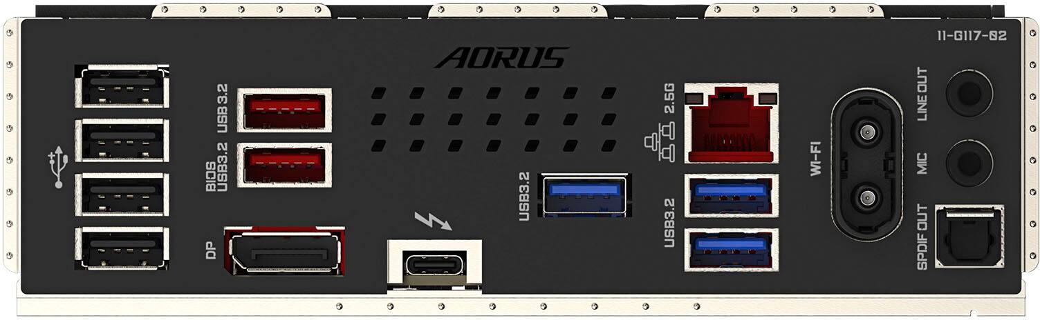 The text on the image reads: "USB3.2 BIOS USB3.2 DP AORUS USB3.2 2.5G USB3.2 WI-FI 11-G117-82 OUT LINE MIC OUT SPDIF."