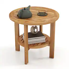 Gymax - Teak Wood 2-Tier Side Table 19.5'' Round Coffee Table End Table w/ Slatted Top - Natural