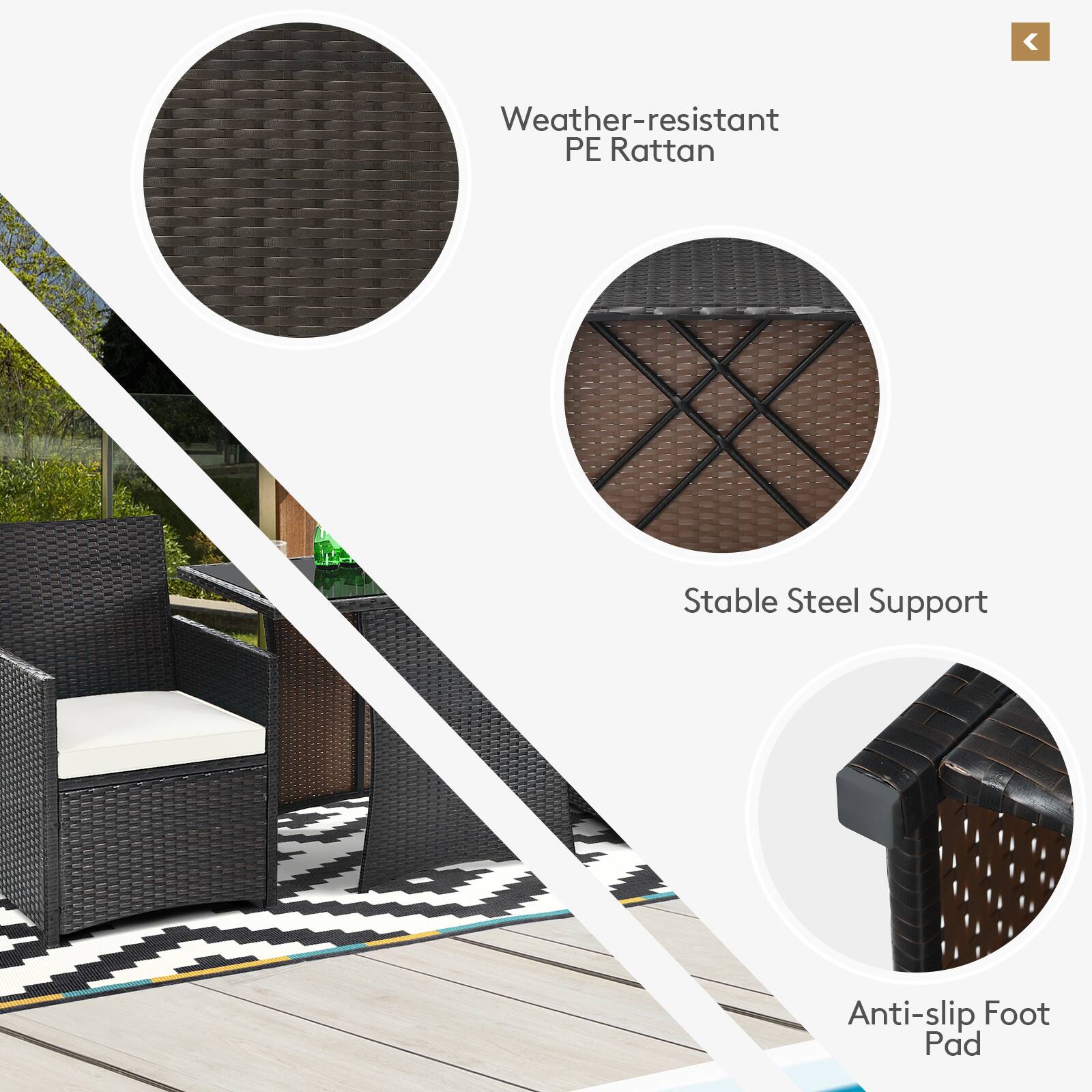 Weather-resistant PE Rattan, Stable Steel Support, Anti-slip Foot Pad