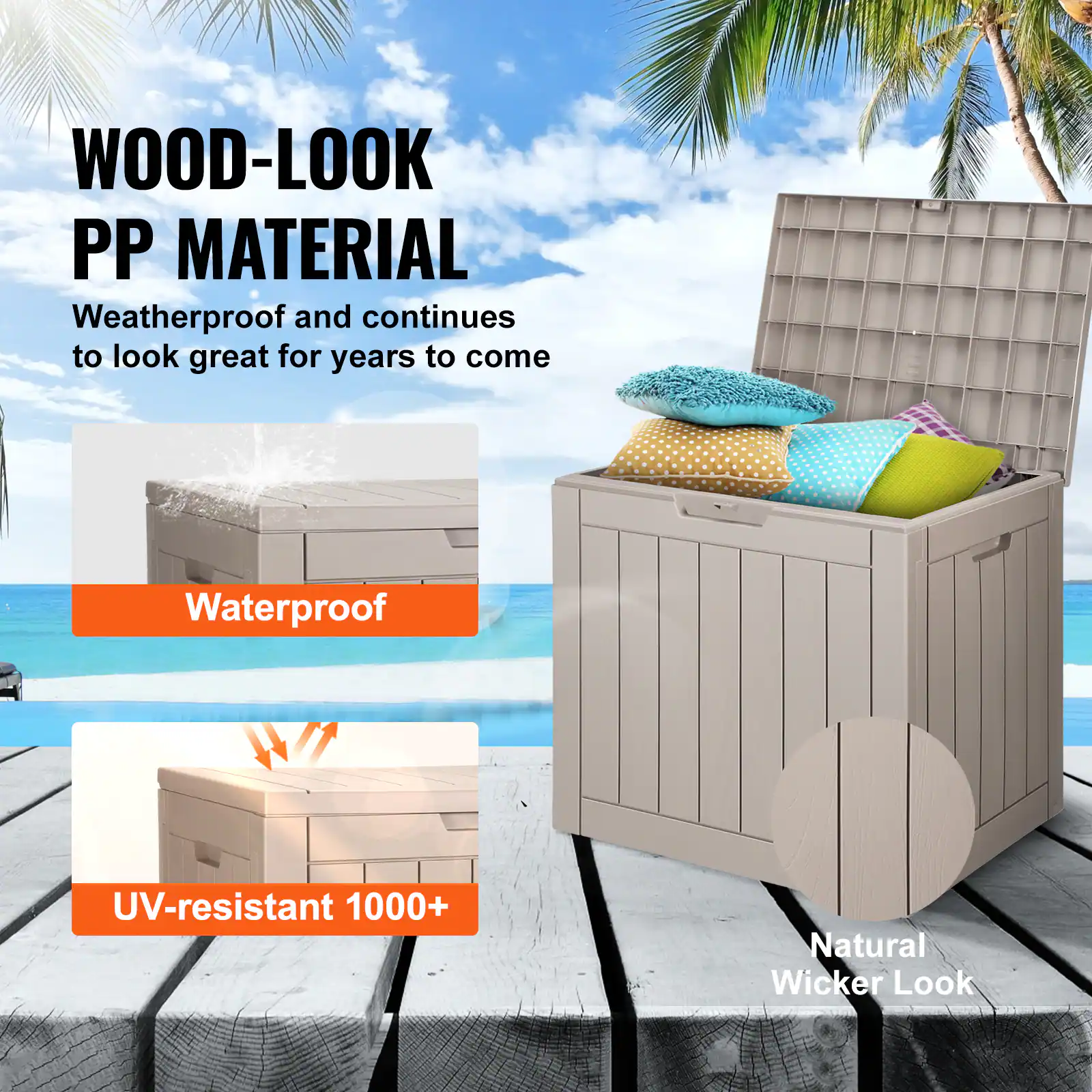 WOOD-LOOK PP MATERIAL  
Weatherproof and continues to look great for years to come  

Waterproof  
UV-resistant 1000+  
Natural Wicker Look