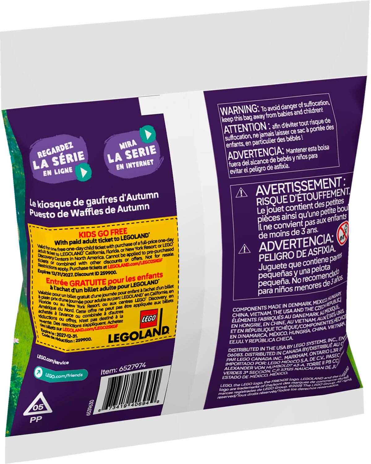La bourse contient du LEGO et est vendue avec un billet d'entrée pour LEGOLAND. La bourse est gratuite pour les enfants avec l'achat d'un billet adulte pour LEGOLAND. La bourse est valable pour LEGOLAND Discovery Center en Amérique. Les restrictions et les conditions d'utilisation sont affichées sur la bourse. Il est important de garder la bourse à l'écart des bébés et de ne pas laisser les enfants jouer avec les pièces de LEGO.