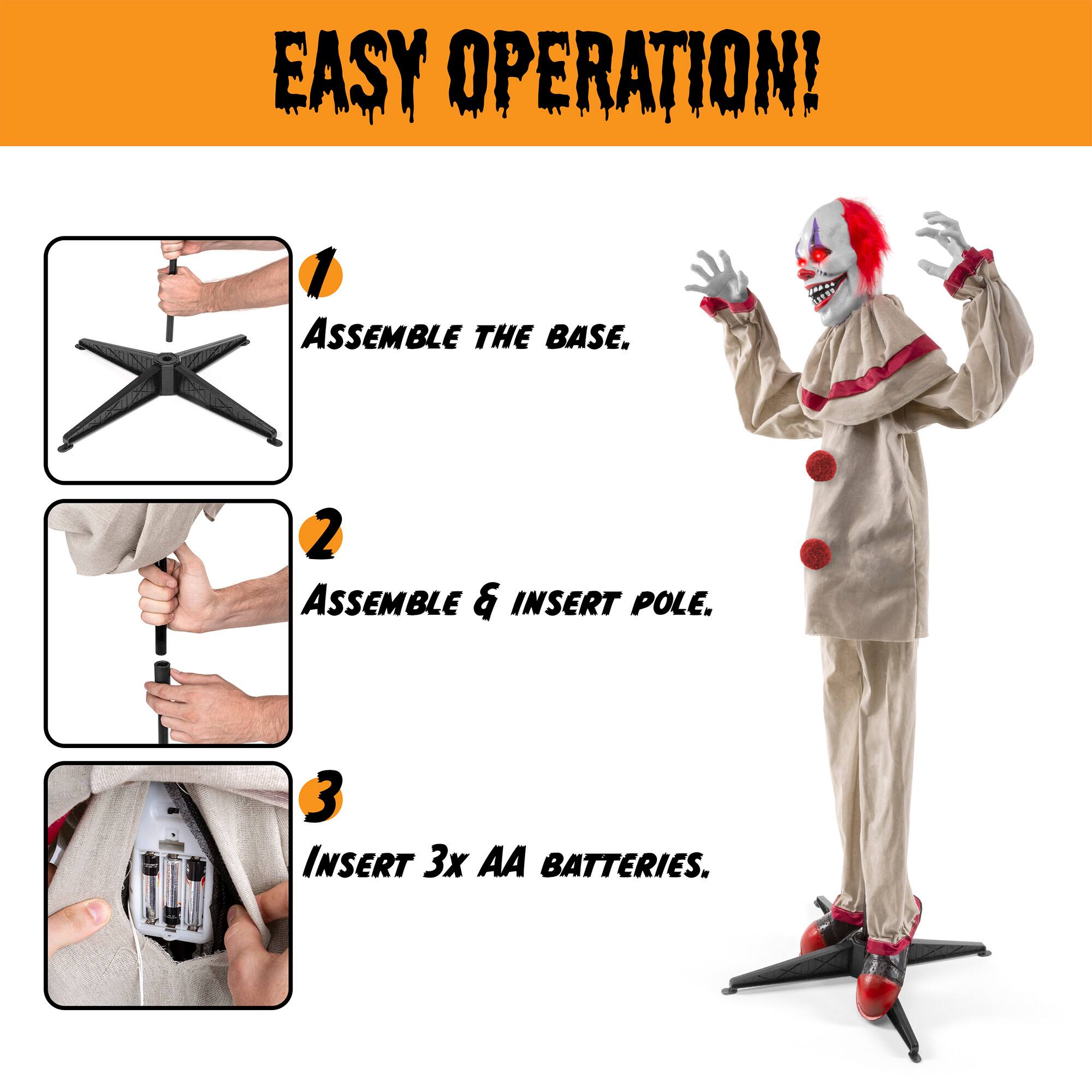 EASY OPERATION!
1. ASSEMBLE THE BASE.
2. ASSEMBLE & INSERT POLE.
3. INSERT 3x AA BATTERIES.