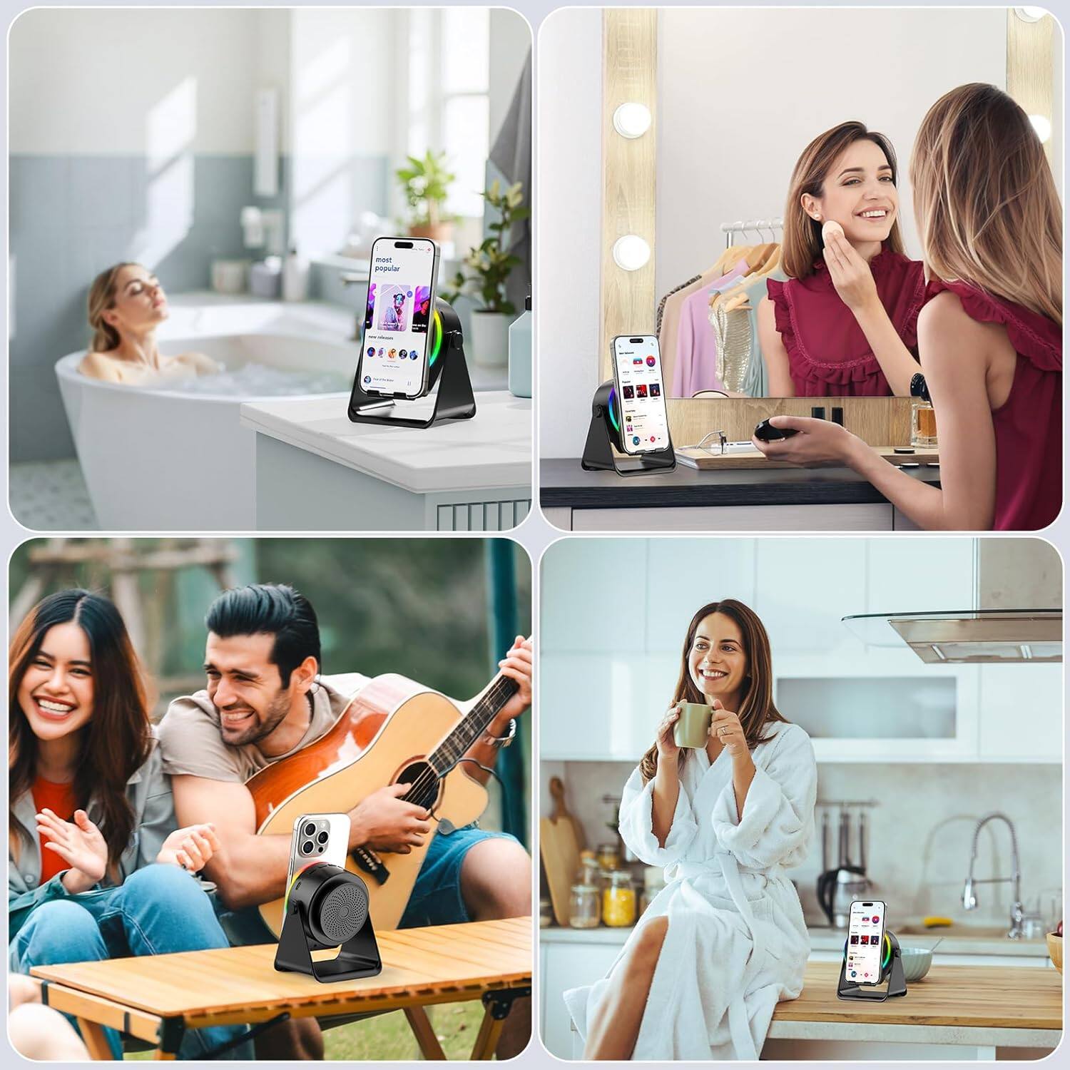 Alt View 4. Stamp n Camp - Wireless Induction Speaker- 4 in1 Bluetooth Speaker Phone Stand with Colorful Ambient Light 360° Rotation Compatible - White-Square.