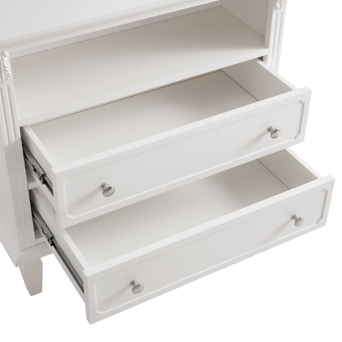 Alt View 8. Loheer - Loheer White Nightstand with Charging Station, Two Drawers and Open Shelf, Solid Wood Legs - White.