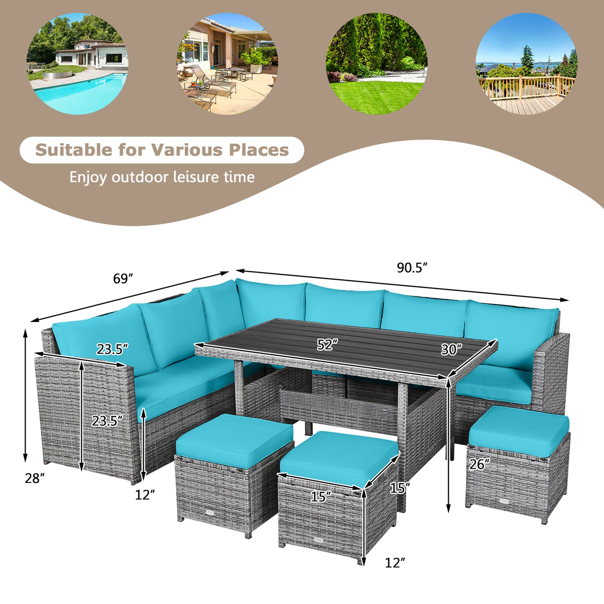 Suitable for Various Places  
Enjoy outdoor leisure time  

69"  
90.5"  
23.5"  
52"  
30"  
23.5"  
28"  
12"  
15"  
15"  
26"  
12"