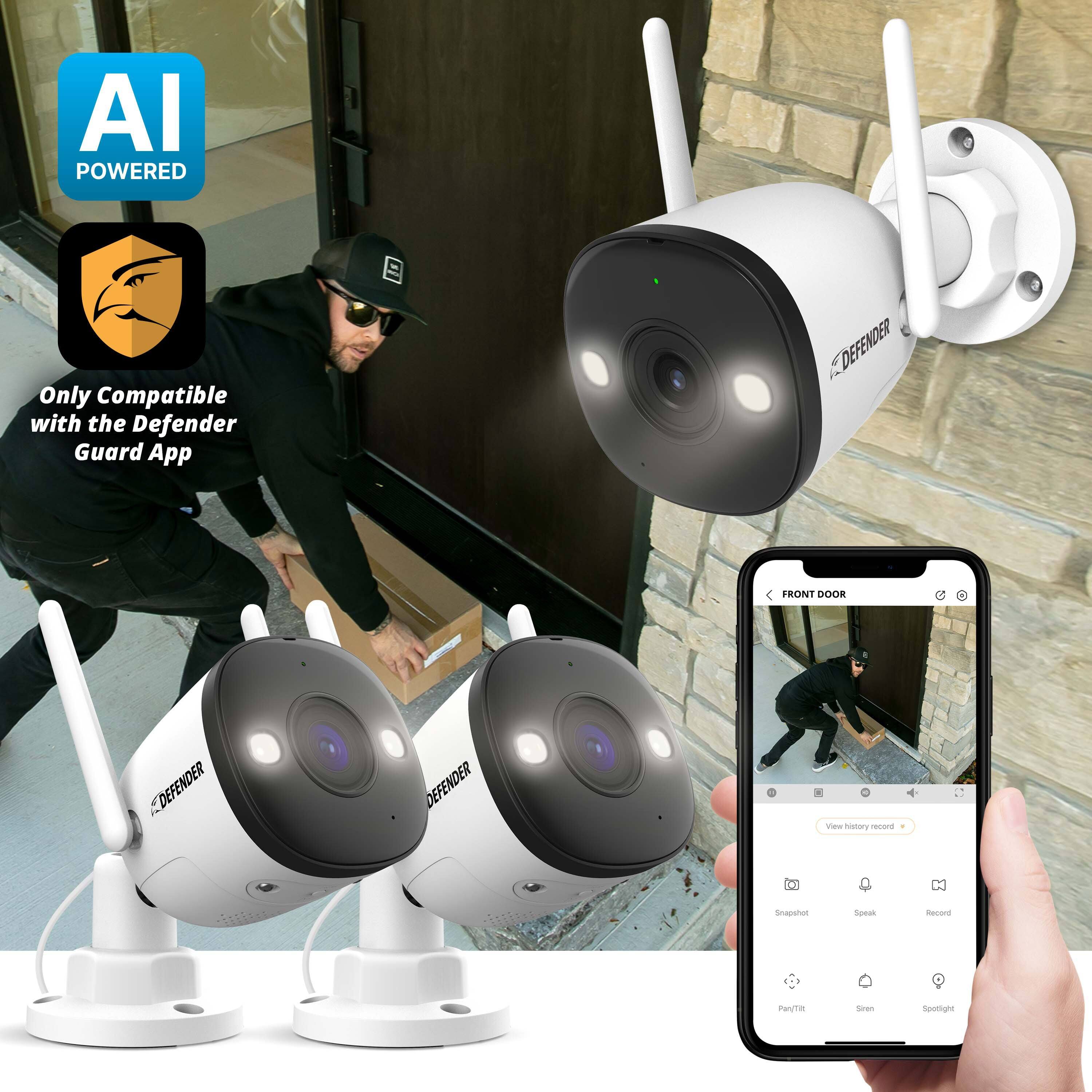 AI POWERED  
Only Compatible with the Defender Guard App  

DEFENDER FRONT DOOR  

View history record  
Snapshot  
Speak  
Record  
Pan/Tilt  
Siren  
Spotlight