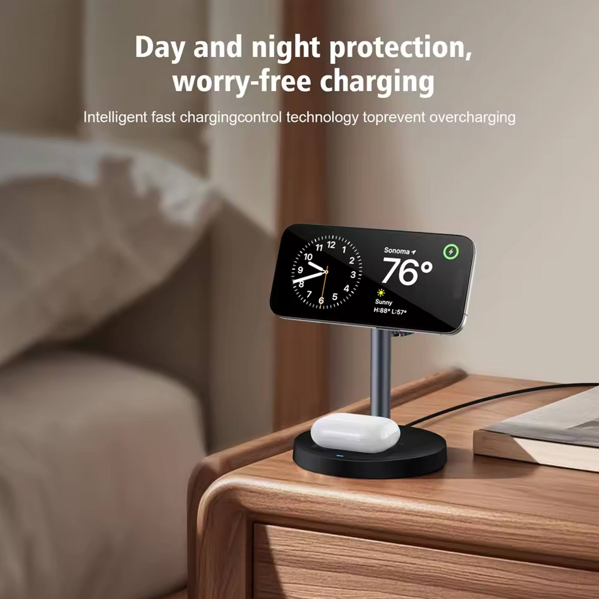 Day and night protection, worry-free charging  
Intelligent fast charging control technology to prevent overcharging  

Sonoma  
76°  
Sunny  
H:88° L:57°