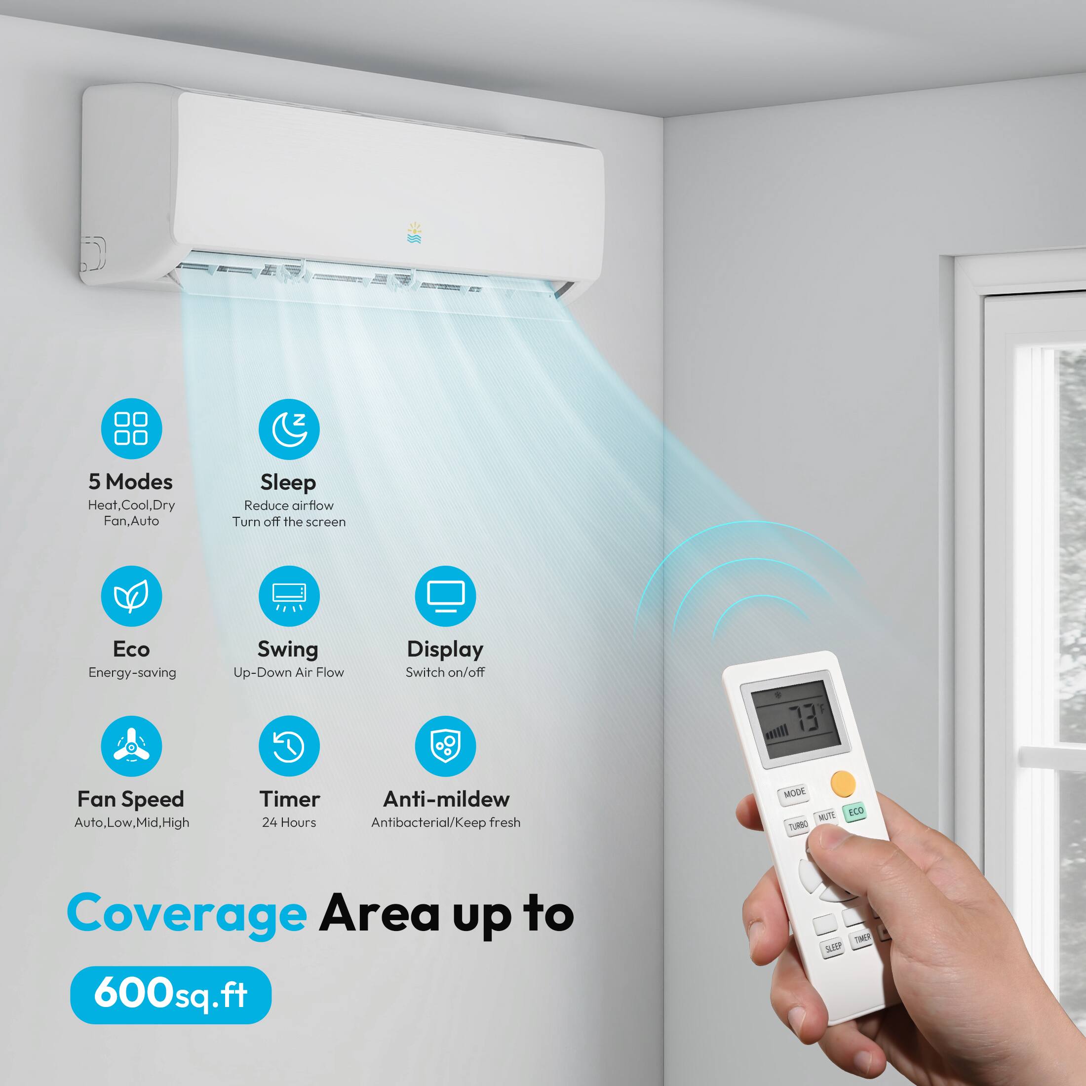 5 Modes Heat, Cool, Dry, Fan, Auto
Sleep Reduce airflow Turn off the screen
Eco Energy-saving
Swing Up-Down Air Flow
Display Switch on/off
Fan Speed Auto, Low, Mid, High
Timer 24 Hours
Anti-mildew Antibacterial/Keep fresh
Coverage Area up to 600sq.ft