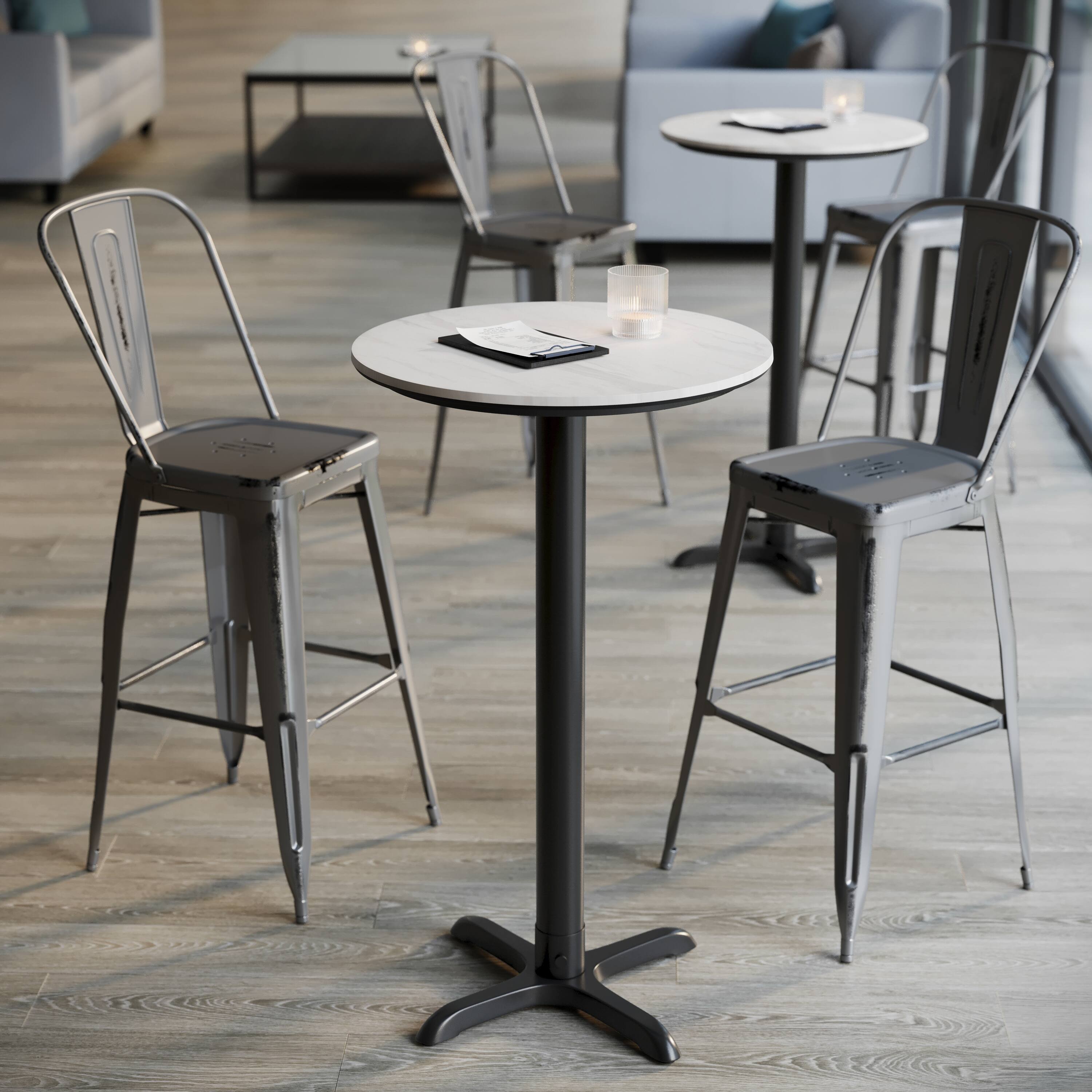 Alt View 4. Emma + Oliver - PureShield Tabletop with Seam-Free Surface Innovation and Bar Height X-Base - White Faux Marble/Black Base.