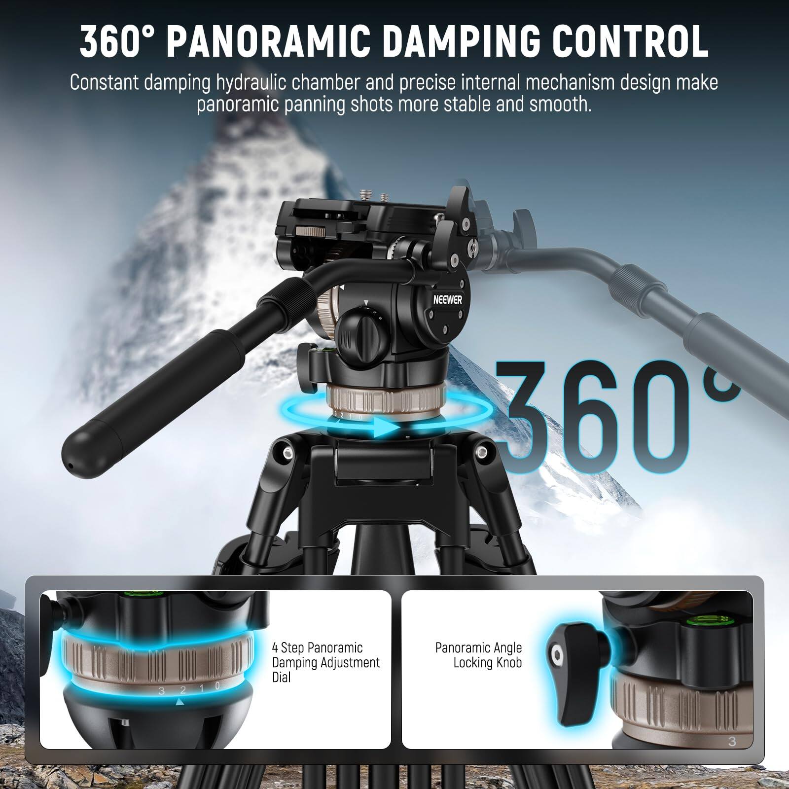 360° PANORAMIC DAMPING CONTROL

Constant damping hydraulic chamber and precise internal mechanism design make panoramic panning shots more stable and smooth.

NEEWER 360° 3210 2 a 2 4 Step Panoramic Damping Adjustment Dial Panoramic Angle Locking Knob 3