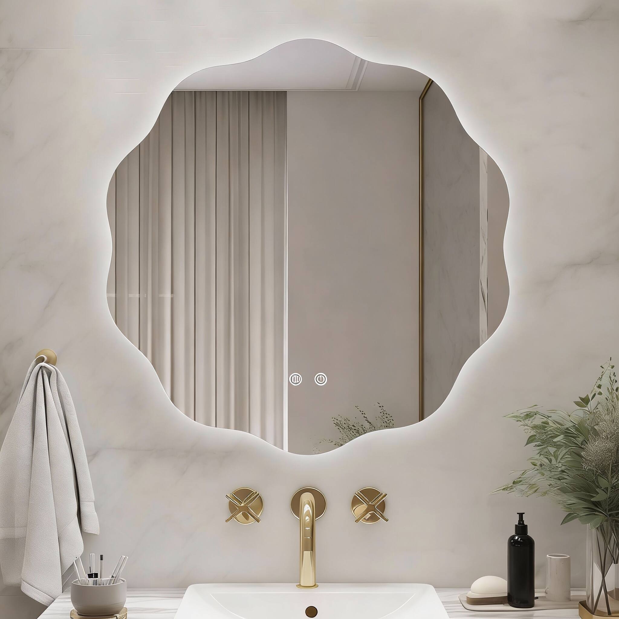 Front. OMOMMD - Led Bathroom Mirror With Lights Round Light Up For Wall Front And Backlit Anti Fog Colors Dimmable - Clear-wavy 24"L x 24"W.
