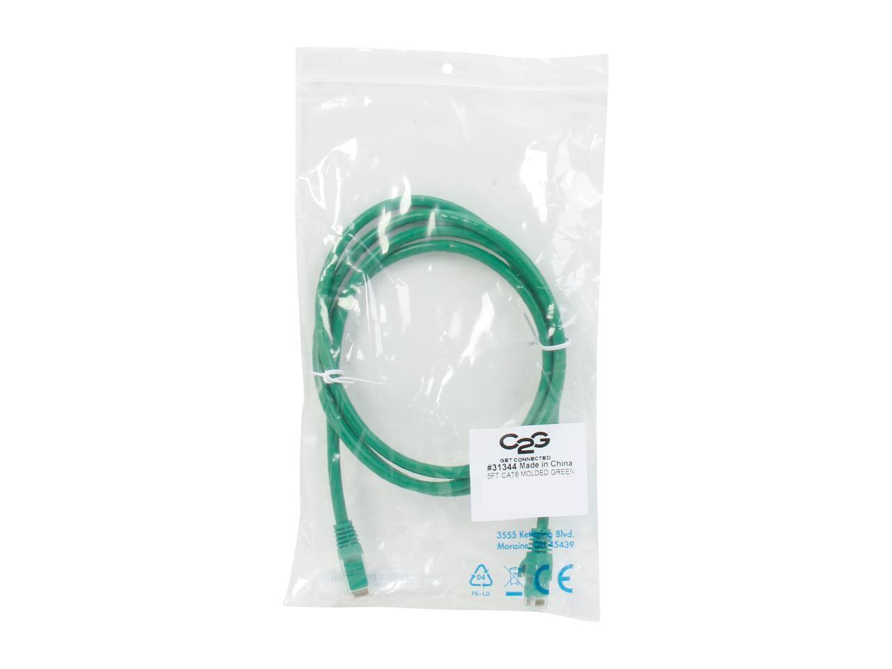 C2G ORT CONNECTED  
#3 31344 CAT6 MOLDED GREEN  
5FT  
Made in China  
3555 Kesering Blvd.  
Morainez  
5439  
CE  
PE-LD