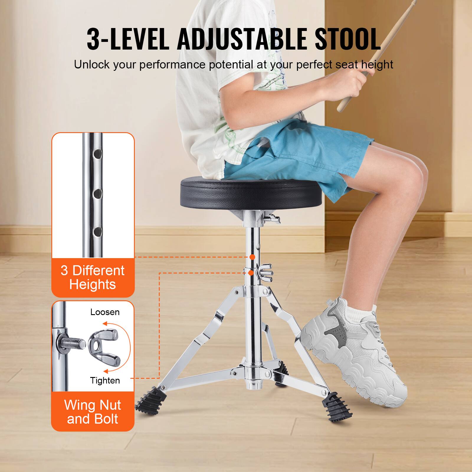 3-LEVEL ADJUSTABLE STOOL  
Unlock your performance potential at your perfect seat height  

3 Different Heights  
Loosen Tighten Wing Nut and Bolt
