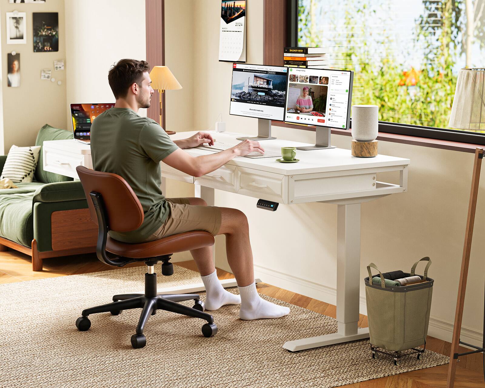 Alt View 1. OffiGo - L Shaped Electric Standing Desk with Wooden Drawers, Height Adjustable Corner Sit Stand Workstation with Power Outlets - White.