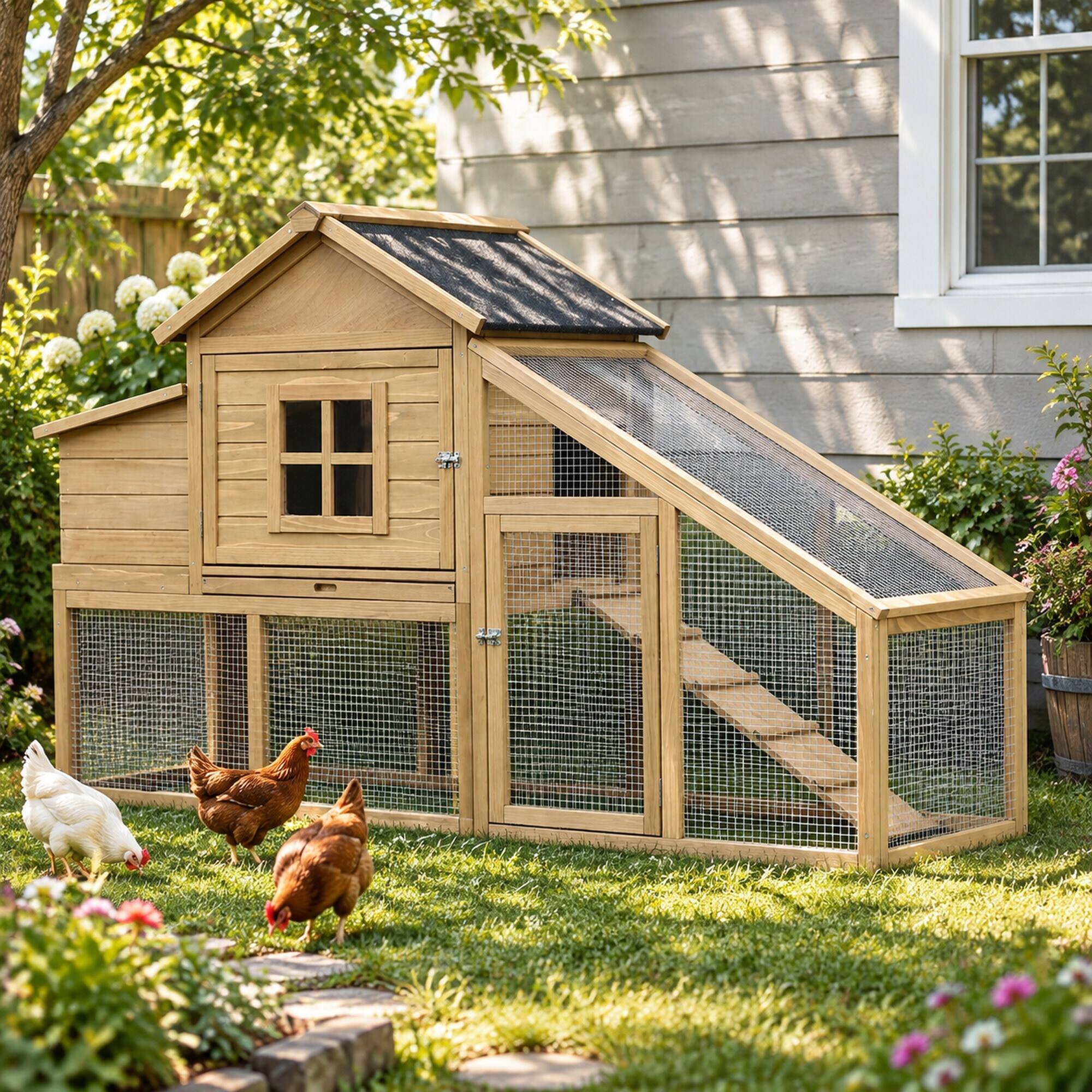 RYHNUYNE 69.25 in Wooden Chicken Coop, Fir Wood Hen House, Asphalt Roof ...