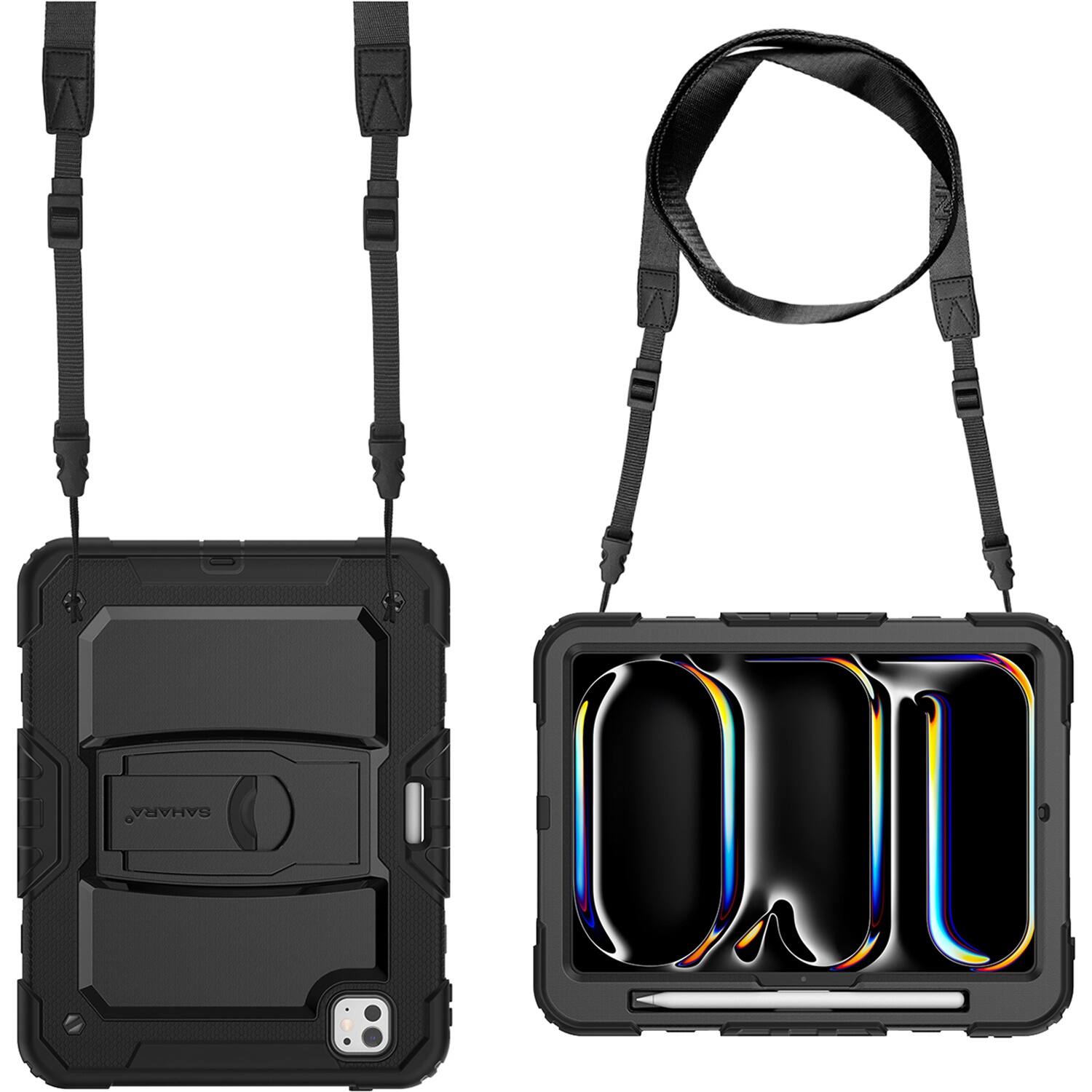 The image features a black backpack with a strap and a black case with a strap. The backpack and case are both made of durable materials, making them suitable for outdoor activities and travel. The backpack is designed to carry a laptop, while the case is designed to hold a tablet. The strap on the backpack and case ensures that they are securely fastened to the user's body, allowing for hands-free use. The image also shows a close-up view of the backpack and case, highlighting their features and design.