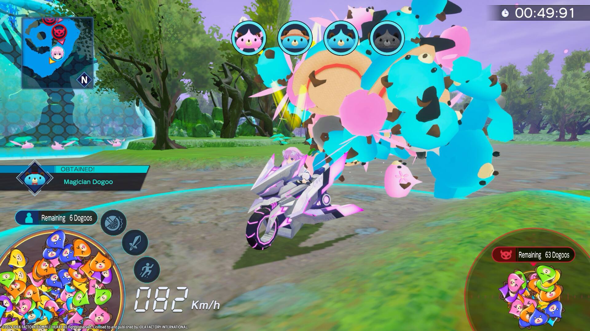 The text on the image reads: "00:49:91 N OBTAINED! Magician Dogoo Remaining 6 Dogoos Remaining 63 Dogoos 082 Km/h 2026 DEA FACTORY COMPILE HEARD NT AL rightsreserved ceased to and published by DEA FACTORY INTERNATIONAL."