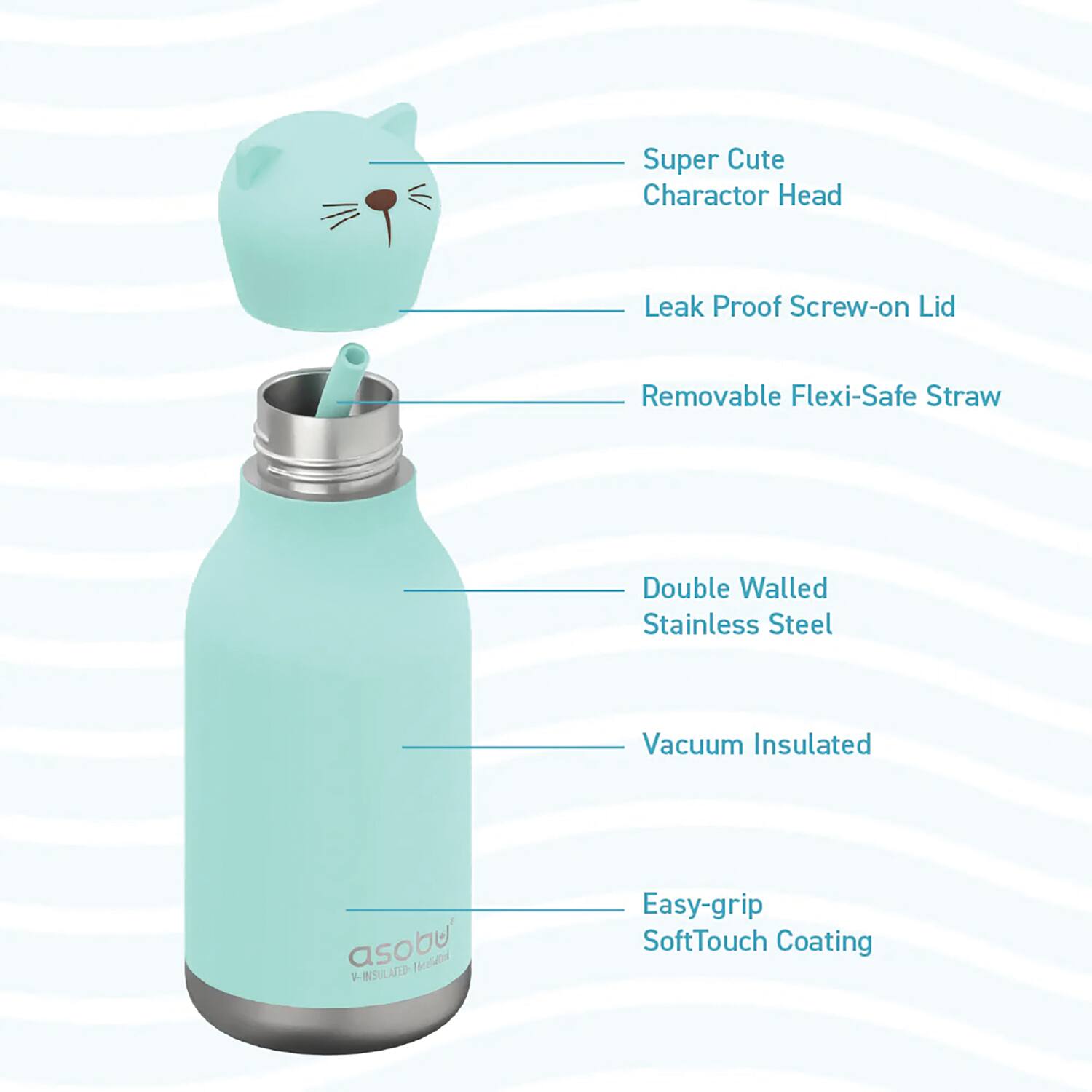 Super Cute Character Head  
Leak Proof Screw-on Lid  
Removable Flexi-Safe Straw  
Double Walled Stainless Steel  
Vacuum Insulated  
Easy-grip SoftTouch Coating