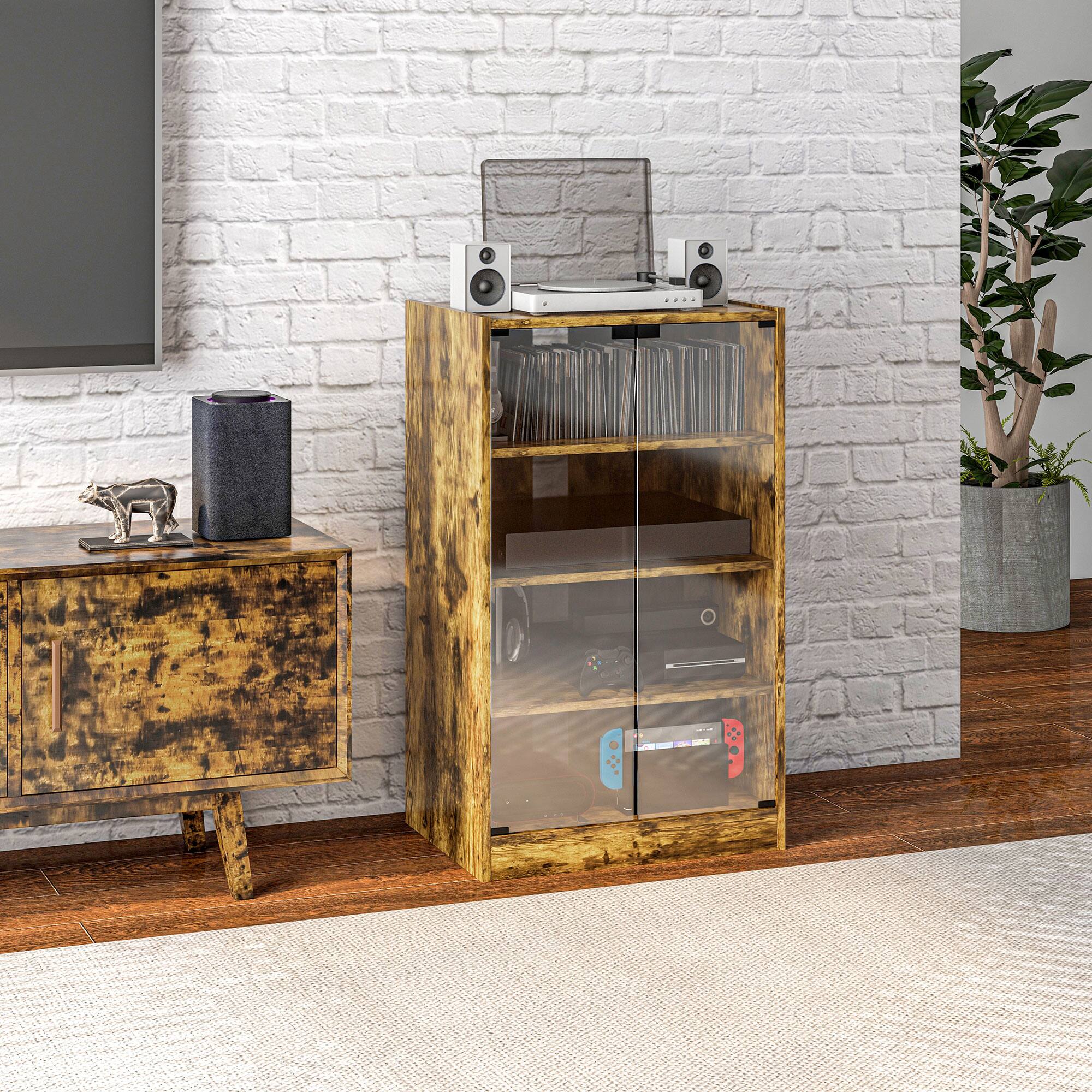 Alt View 1. Homcom - 4-Tier Media Cabinet, Record Player Stand with Vinyl Storage, Adjustable Shelves & Glass Doors​ - Rustic Brown.