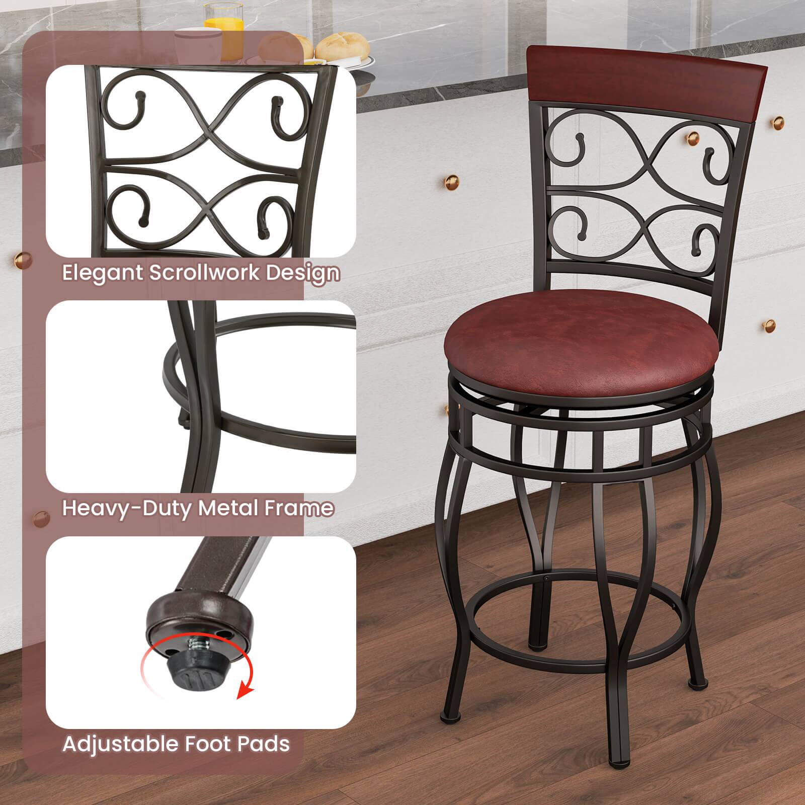The image features a brown metal chair with an elegant scrollwork design. The chair has a heavy-duty metal frame and adjustable foot pads for added comfort.