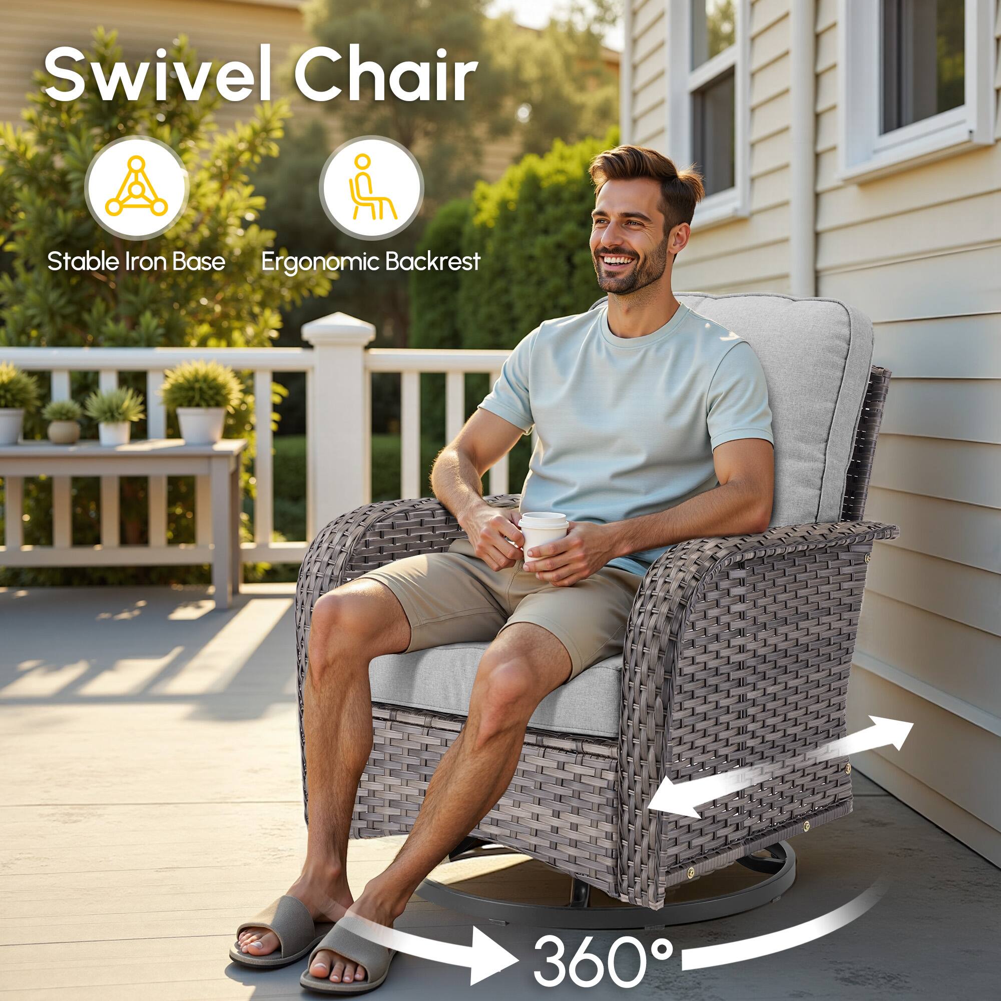 Swivel Chair  
Stable Iron Base  
Ergonomic Backrest  
360°