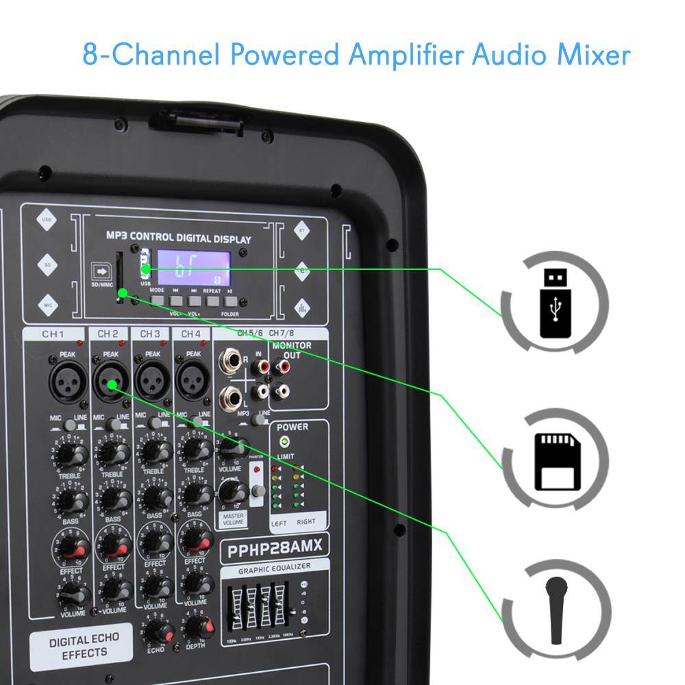 8-Channel Powered Amplifier Audio Mixer

MP3 CONTROL DIGITAL DISPLAY

CH1 PEAK CH2 PEAK CH3 PEAK CH4 PEAK CH5/6 CH7/8

MONITOR IN OUT

LINE MIC LINE MIC LINE MIC LINE MIC

VOLUME VOLUME VOLUME VOLUME VOLUME VOLUME VOLUME VOLUME

TREBLE TREBLE TREBLE TREBLE TREBLE TREBLE TREBLE TREBLE

BASS BASS BASS BASS BASS BASS BASS BASS

EFFECT EFFECT EFFECT EFFECT EFFECT EFFECT EFFECT EFFECT

VOLUME VOLUME VOLUME VOLUME VOLUME VOLUME VOLUME VOLUME

GRAPHIC EQUALIZER

DIGITAL ECHO EFFECTS

ECHO DEPTH

PPHP28AMX

USB MODE

SD/MMC

POWER LIMIT

LEFT RIGHT

MASTER VOLUME

BASS EFFECT

TREBLE

VOLUME

EFFECT

ECHO

DEPTH

POWER