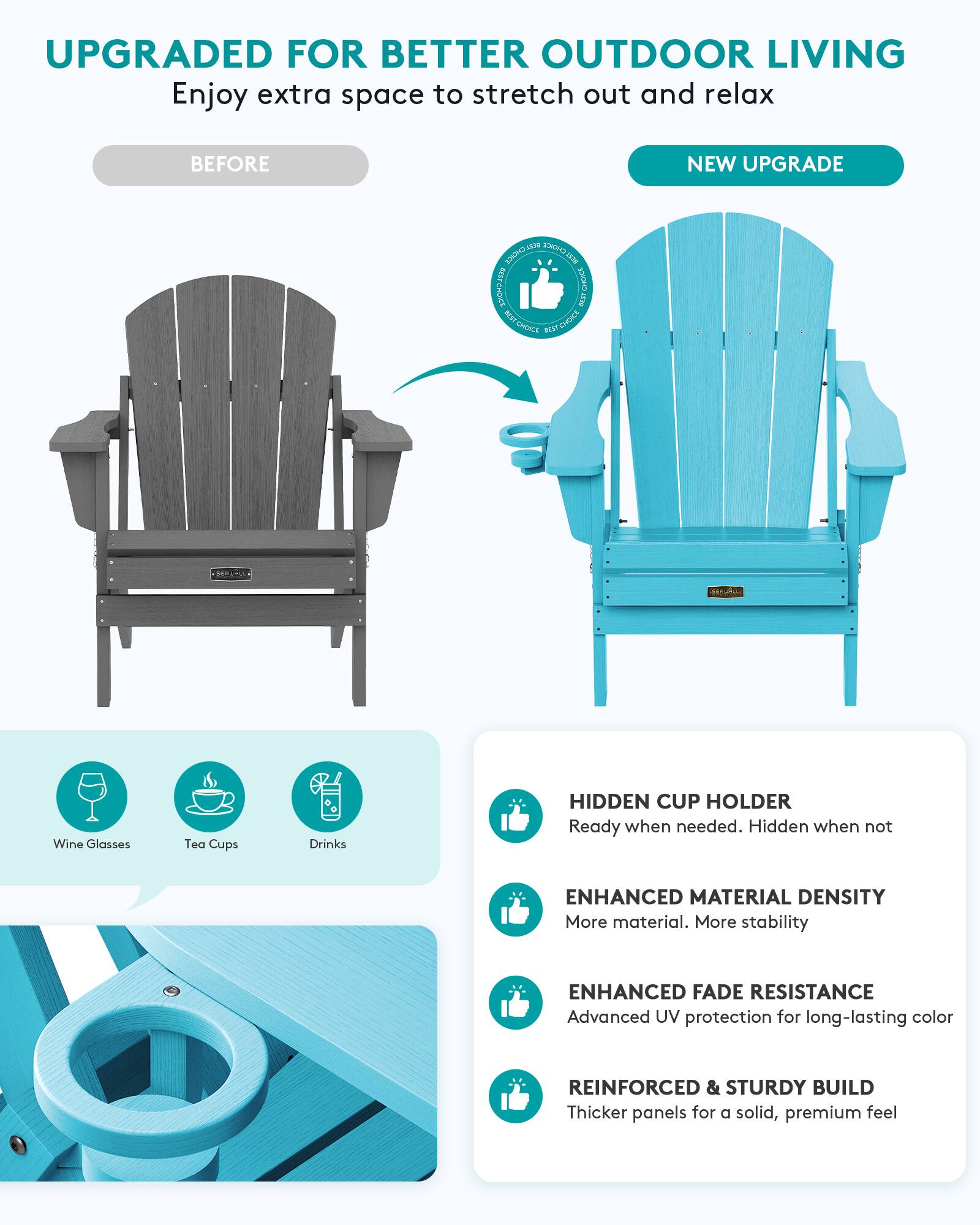 SERWALL Folding Adirondack Chair with Cup Holder Weather Resistant ...