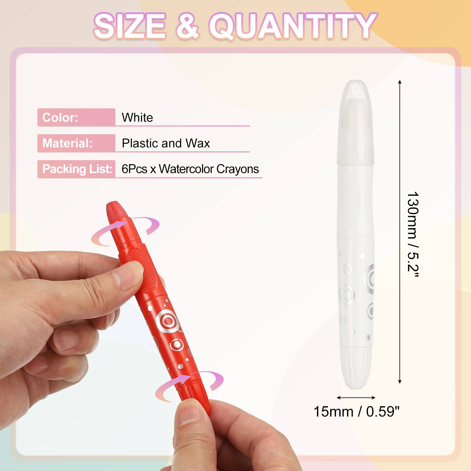 SIZE & QUANTITY

Color: White  
Material: Plastic and Wax  
Packing List: 6Pcs x Watercolor Crayons

130mm / 5.2"  
15mm / 0.59"
