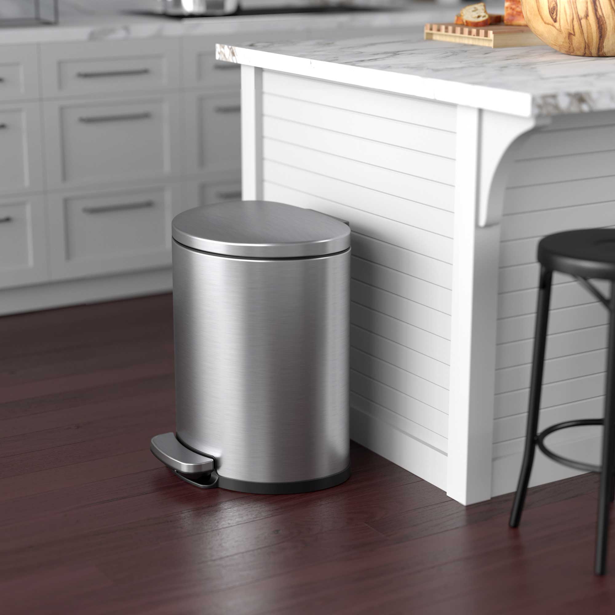 Angle. iTouchless - 5 Gallon SoftStep Semi-Round Stainless Steel Step Bathroom Trash Can with AbsorbX Odor Filter - Silver.