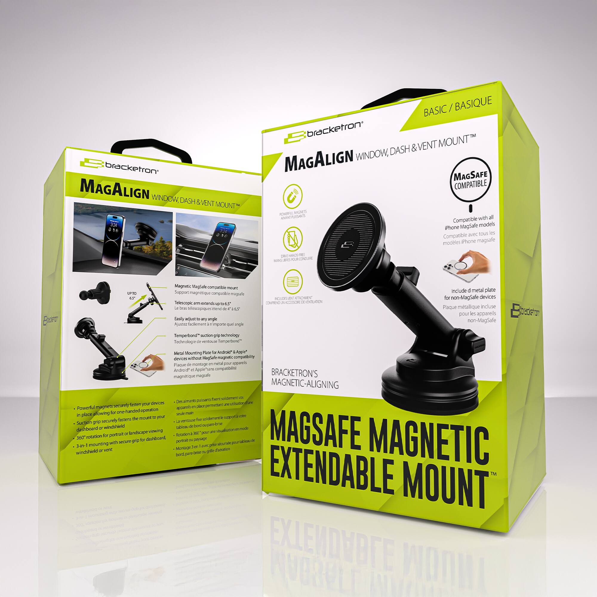 Bracketron MAGALIGN WINDOW DASH & VENT MOUNT 1p BASIC / BASIQUE

Bracketron MAGALIGN WINDOW, DASH & VENT MOUNT™

MAGSAFE COMPATIBLE - SES

Compatible with all iPhone MagSafe models and compatible with all MagSafe devices

Includes a metal plate for non-MagSafe devices

Plaque métallique incluse pour les appareils non-MagSafe

Powerful magnets securely fasten your devices in place, allowing one-handed operation

Sujets puissants qui maintiennent vos appareils en place, permettant une opération à une main

360° rotation for portrait or landscape viewing

Rotation à 360° pour la vision en portrait ou en paysage

3-in-1 mounting with secure grip for dashboard, windshield or vent

Montage 3-en-1 avec une prise de grip sécurisée pour le tableau de bord, le pare-brise ou le ventilateur

Bracketron's MAGNETIC-ALIGNING

MAGSAFE MAGNETIC EXTENDABLE MOUNT™

MAGSAFE MAGNETIC EXTENDABLE MOUNT™