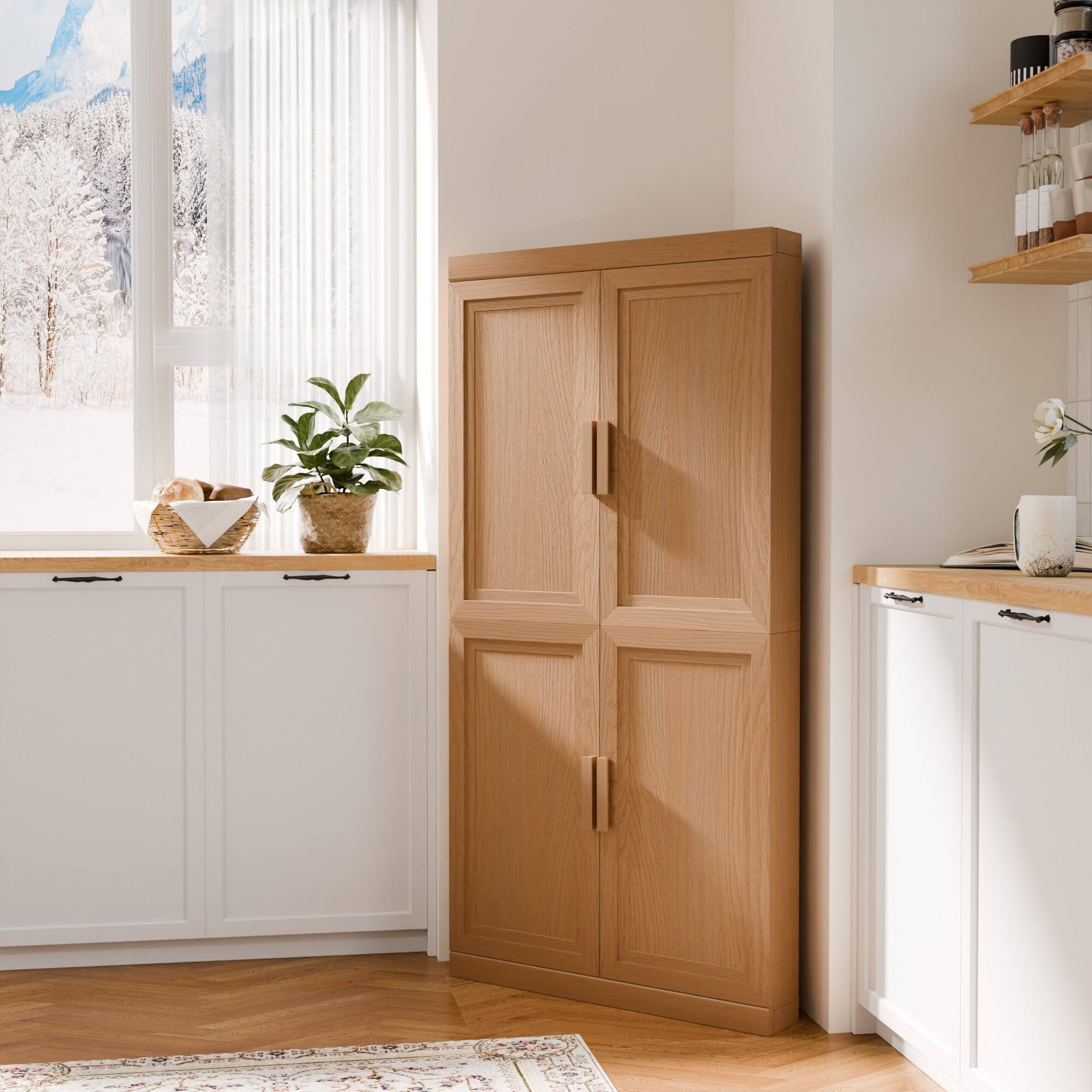 Alt View 1. PexFix - 62" Farmhouse Corner Accent Storage Cabinet with Solid Wood Doors and Adjustable Shelves for Space-Saving - Natural.