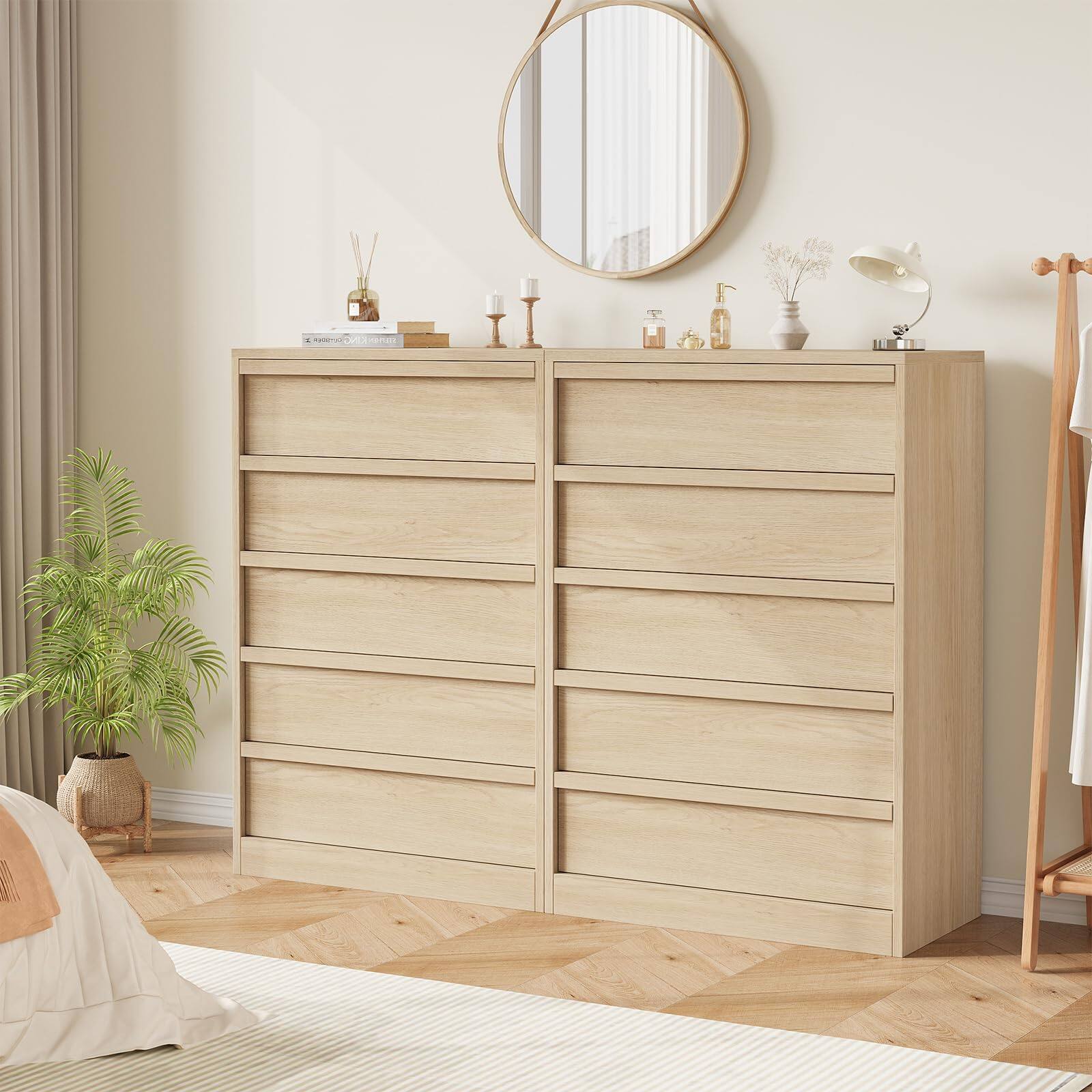 Alt View 1. Jojoka - 5 Drawer Dresser for Bedroom, Natural 5 Chest of Drawers Tall with Large Drawers Storage, Modern Dresser Organizer - Brown.