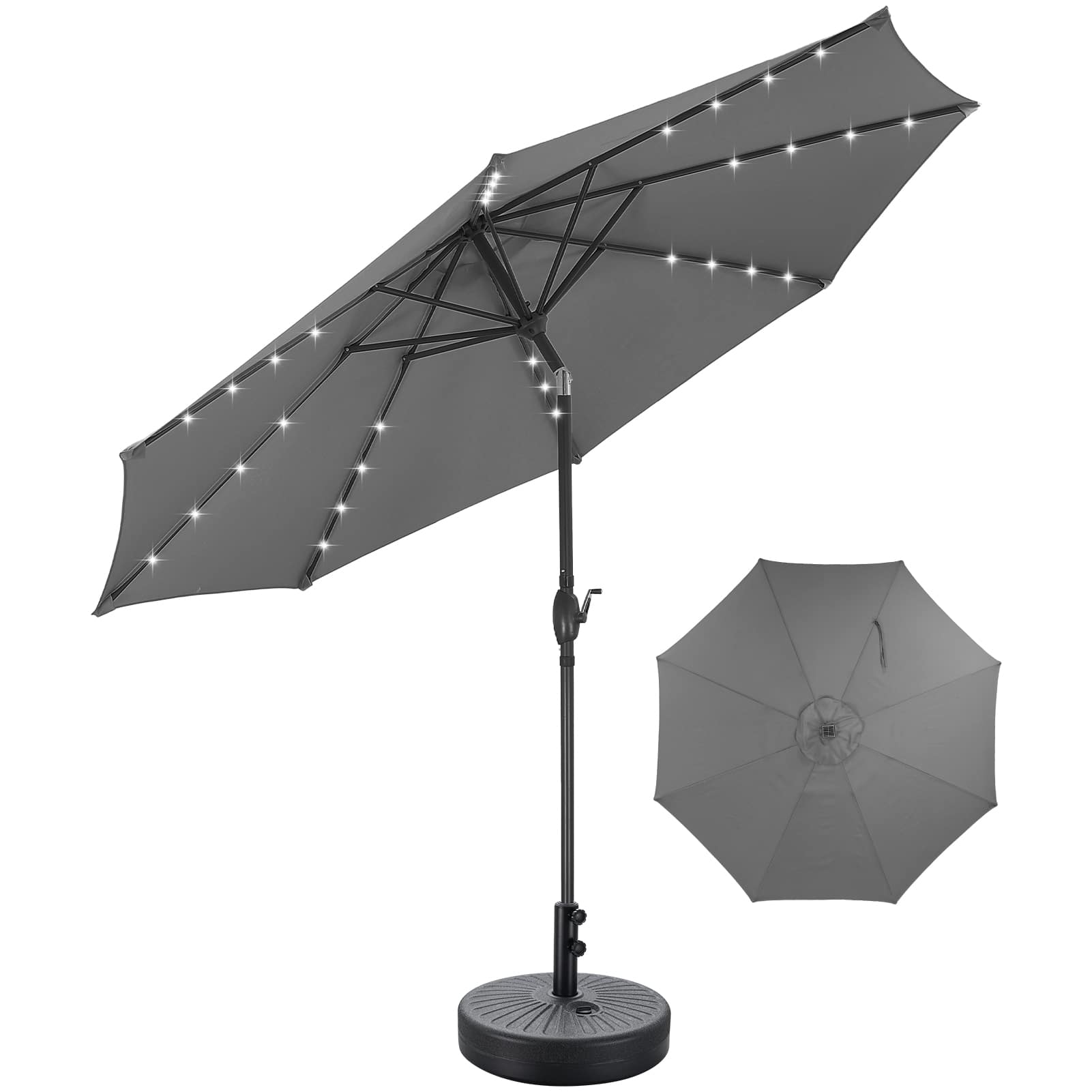 Ainfox - 10FT Solar Lights Patio Umbrella with Tilt Outdoor Umbrella for Garden Deck Backyard Pool Beach Included Base - Gray