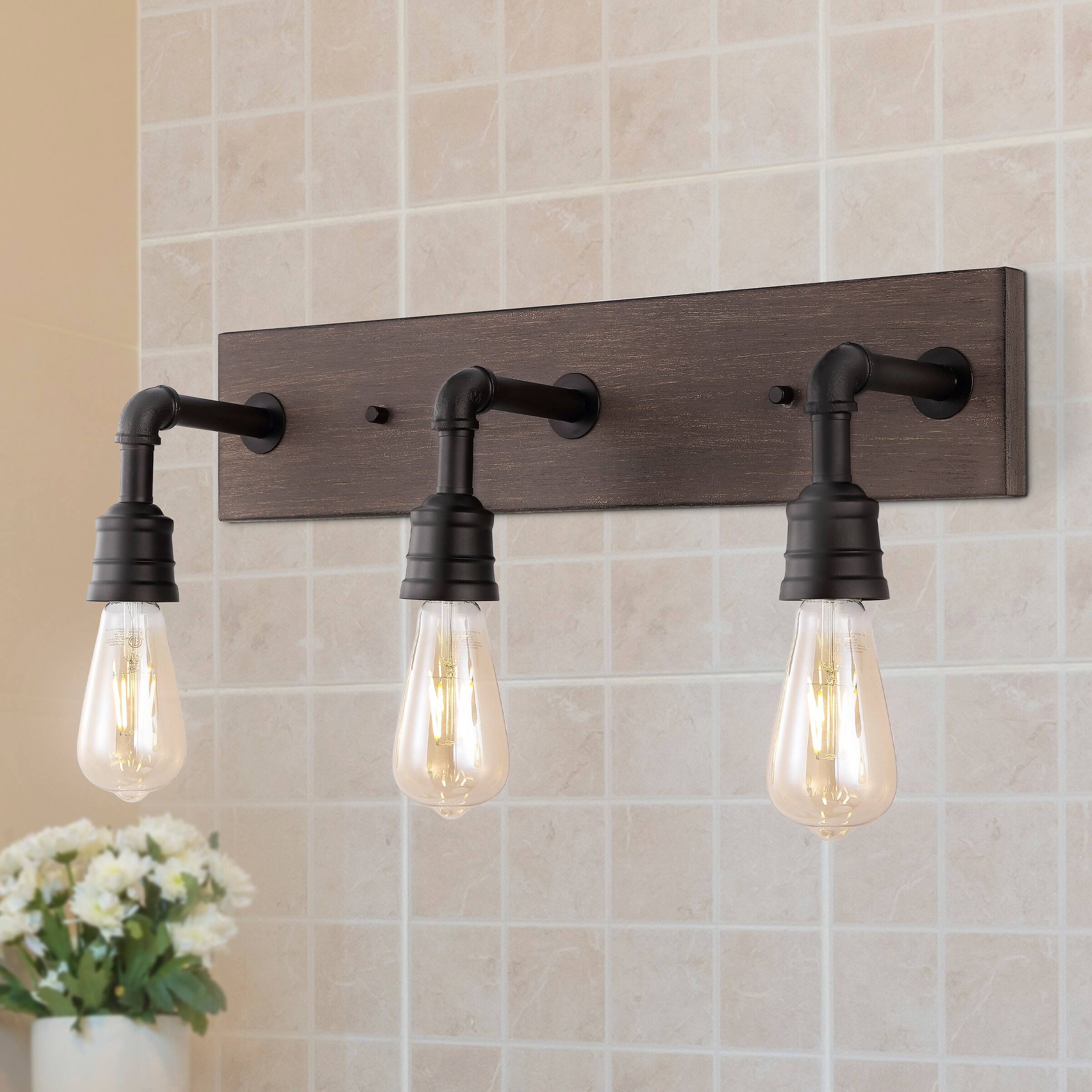 Alt View 1. Jonathan Y - Corbett 22.13" 3-Light Rustic Farmhouse Iron LED Vanity, Oil Rubbed Bronze/Brown Wood Finish - Oil Rubbed Bronze.