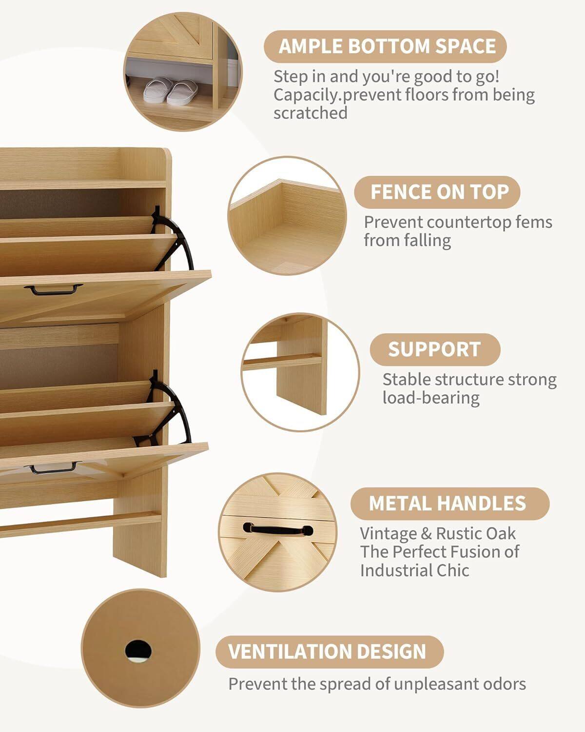 - AMPLE BOTTOM SPACE  
  Step in and you're good to go!  
  Capacity, prevent floors from being scratched

- FENCE ON TOP  
  Prevent countertop items from falling

- SUPPORT  
  Stable structure, strong load-bearing

- METAL HANDLES  
  Vintage & Rustic Oak  
  The Perfect Fusion of Industrial Chic

- VENTILATION DESIGN  
  Prevent the spread of unpleasant odors