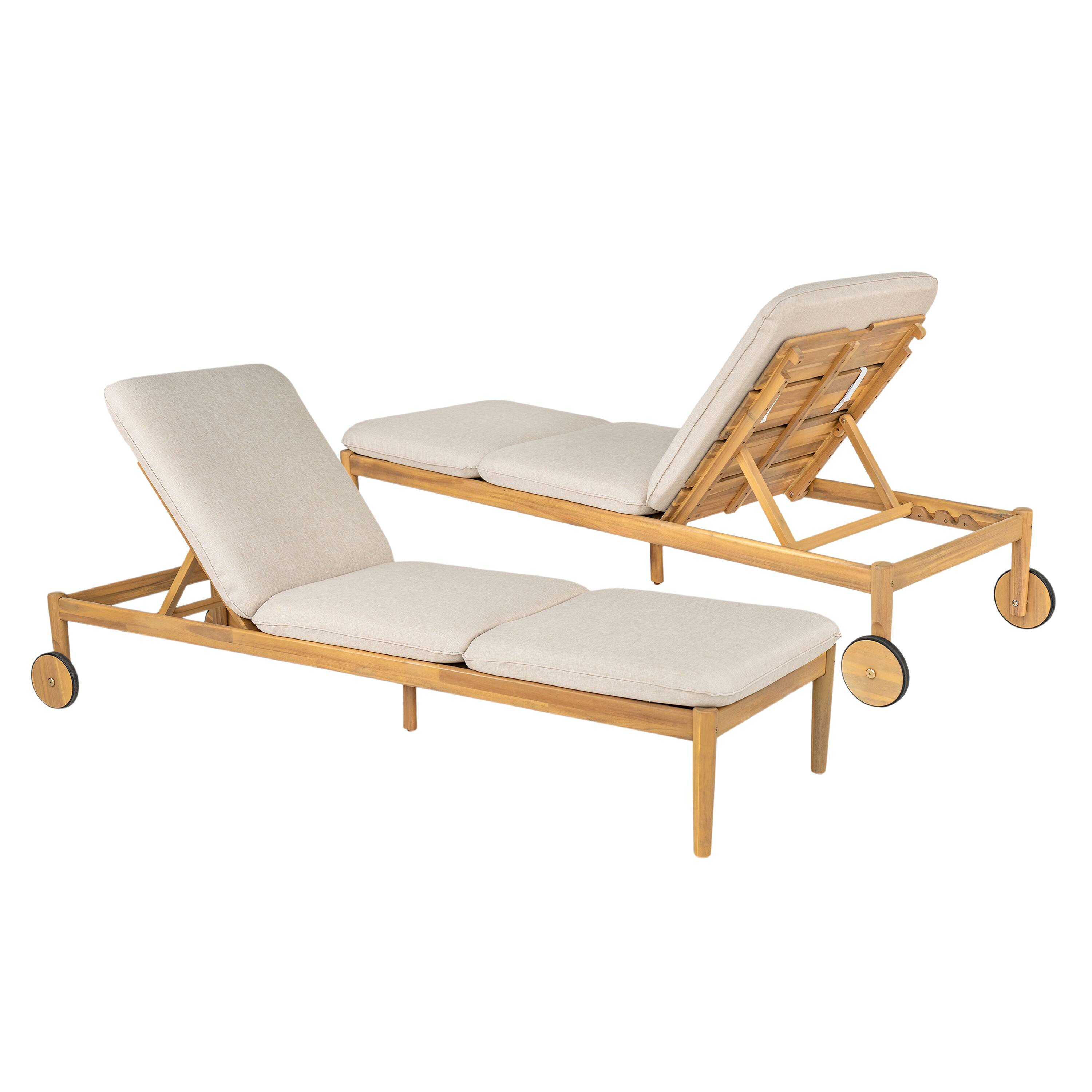 Angle. Mondawe - Set of 2 Outdoor Acacia Wood Chaise Lounge with Wheels - Beige+Light Teak.