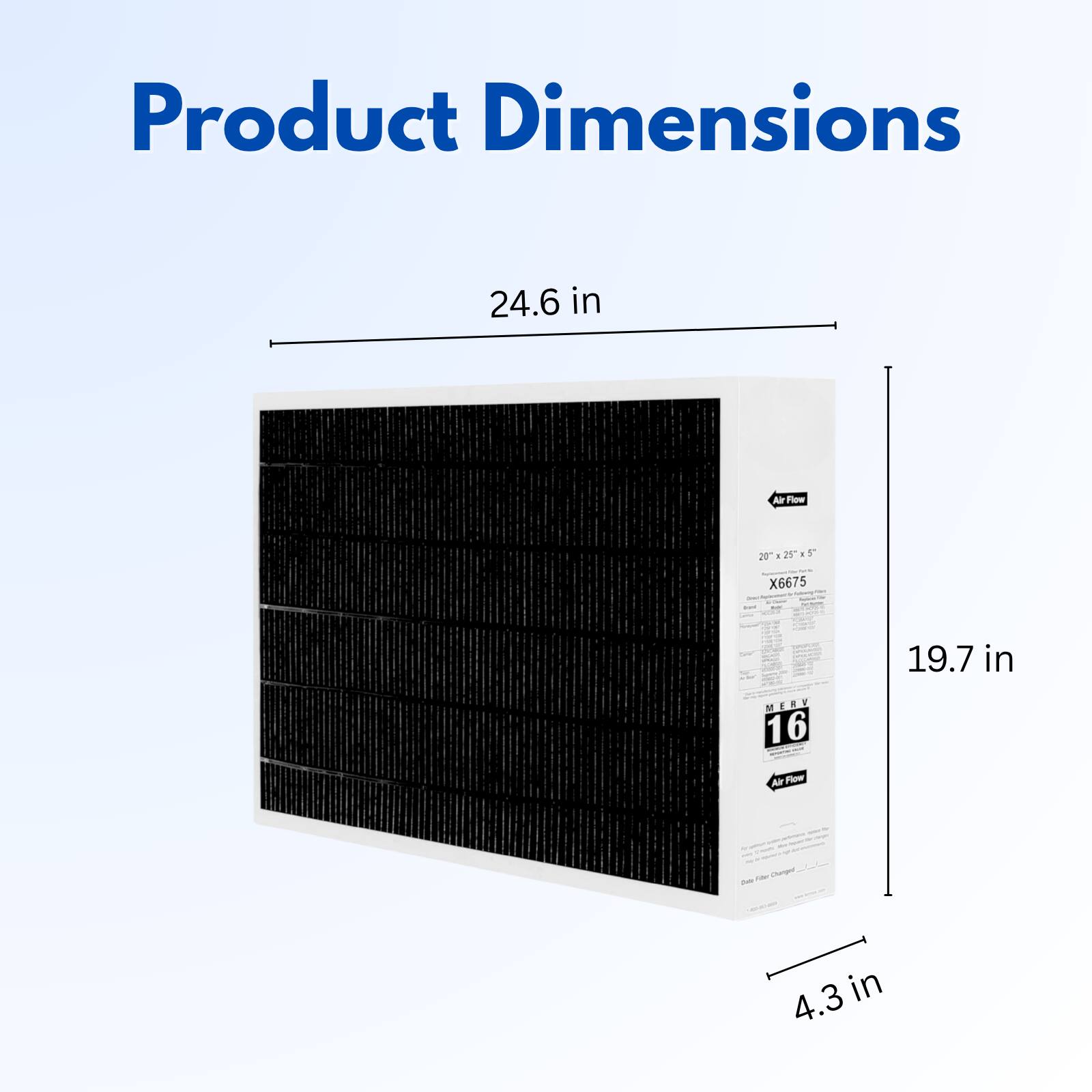 Product Dimensions
24.6 in
Air Flow
20x25x5" 3 Replowhere X6675
MERV 16
19.7 in
Air Flow
4.3 in