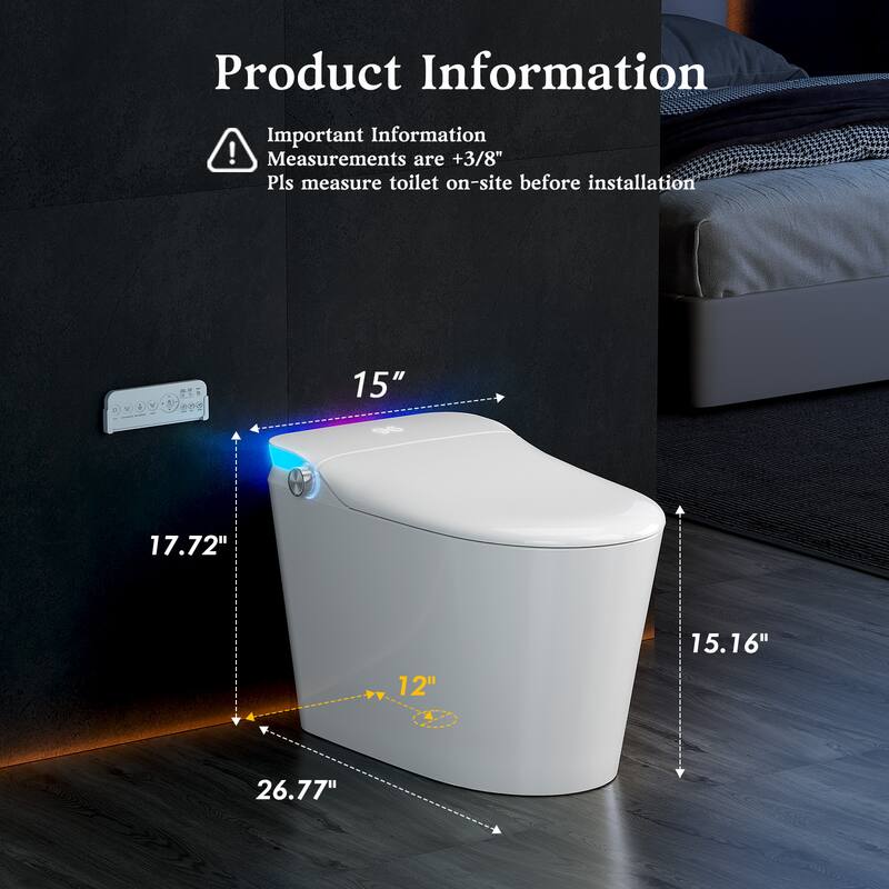 Product Information  
Important Information  
Measurements are +3/8"  
Pls measure toilet on-site before installation  

15"  
17.72"  
15.16"  
12"  
26.77"