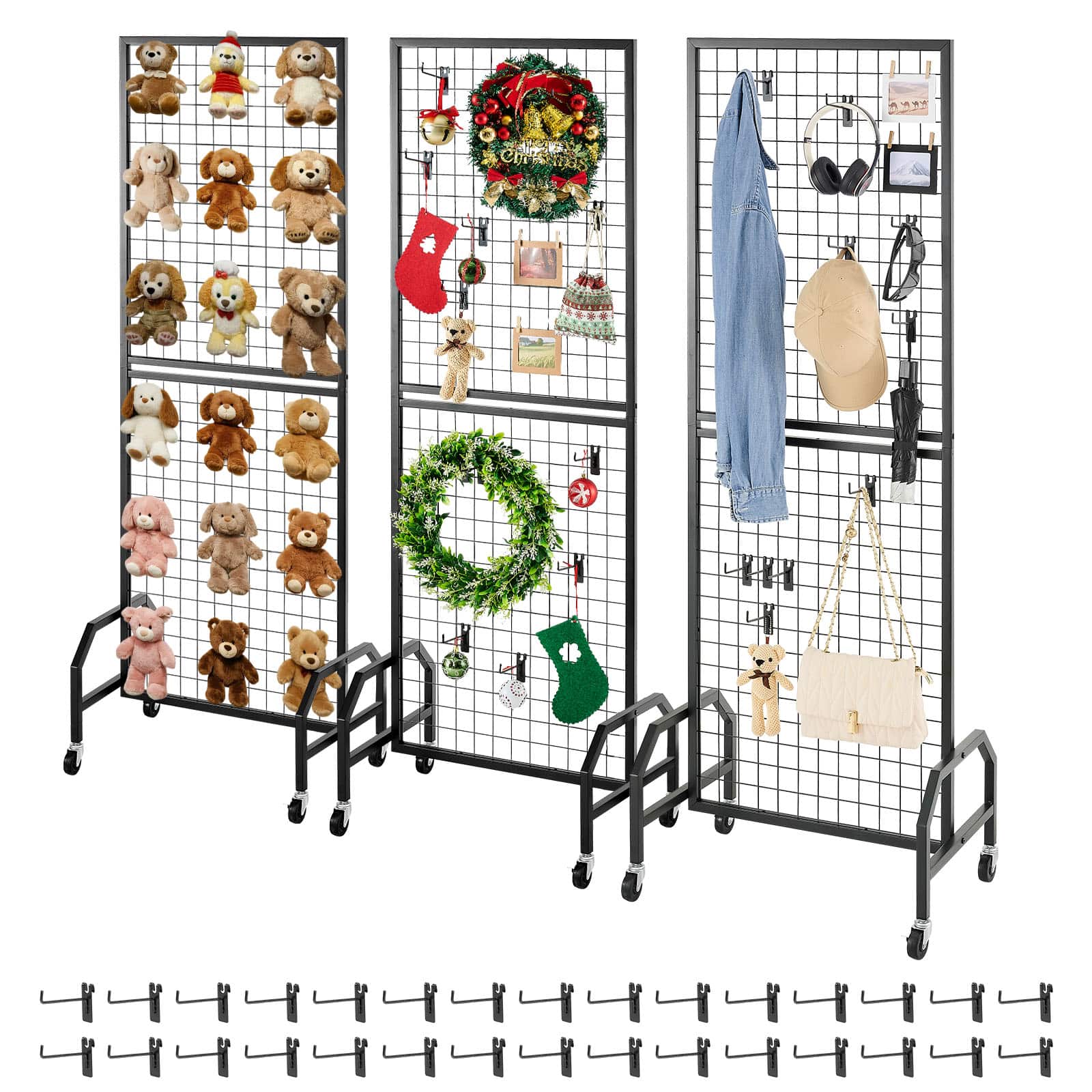 VEVOR - 3 Packs Grid Wall Panels, 1.9 x 5.4 ft Wire Grid Panels Display Rack, Movable Art Display Shelf with Wheels and 30 Hooks - Black
