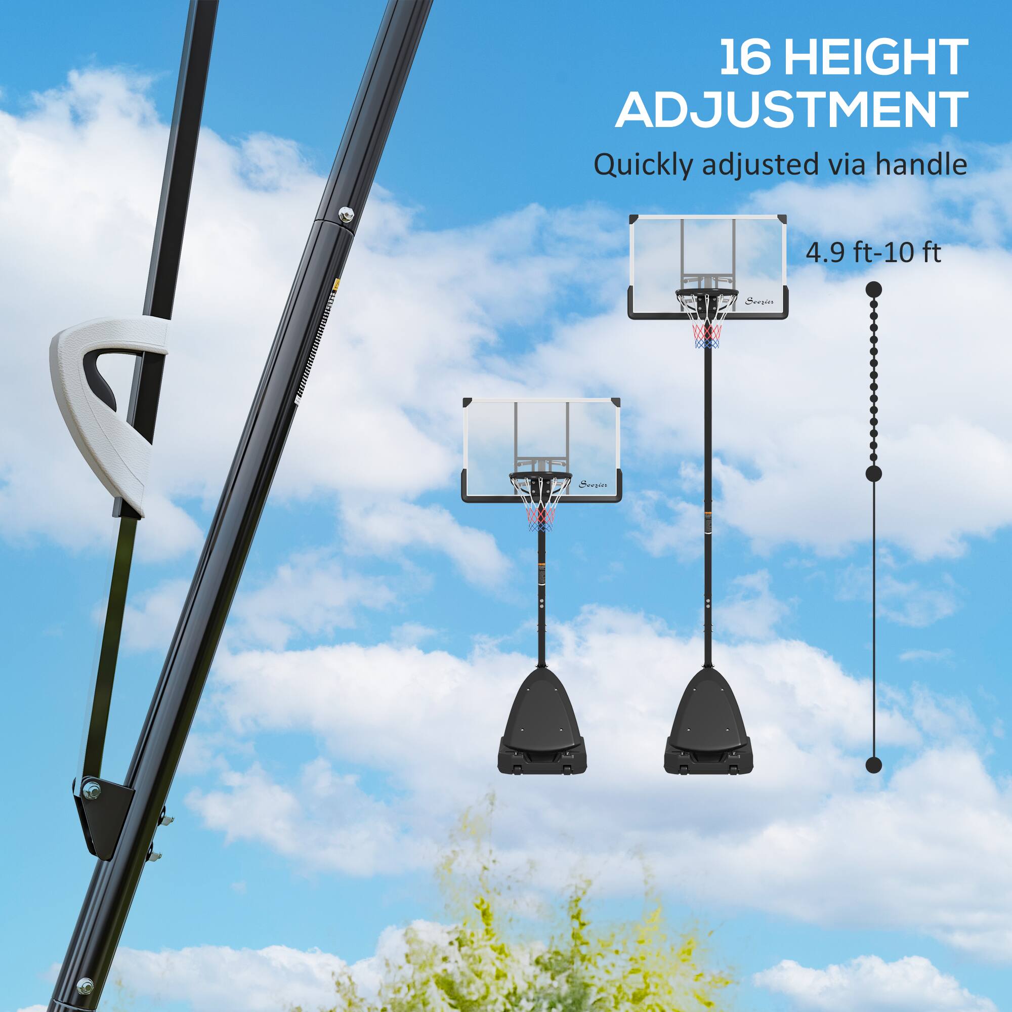 16 HEIGHT ADJUSTMENT Quickly adjusted via handle 4.9 ft-10 ft