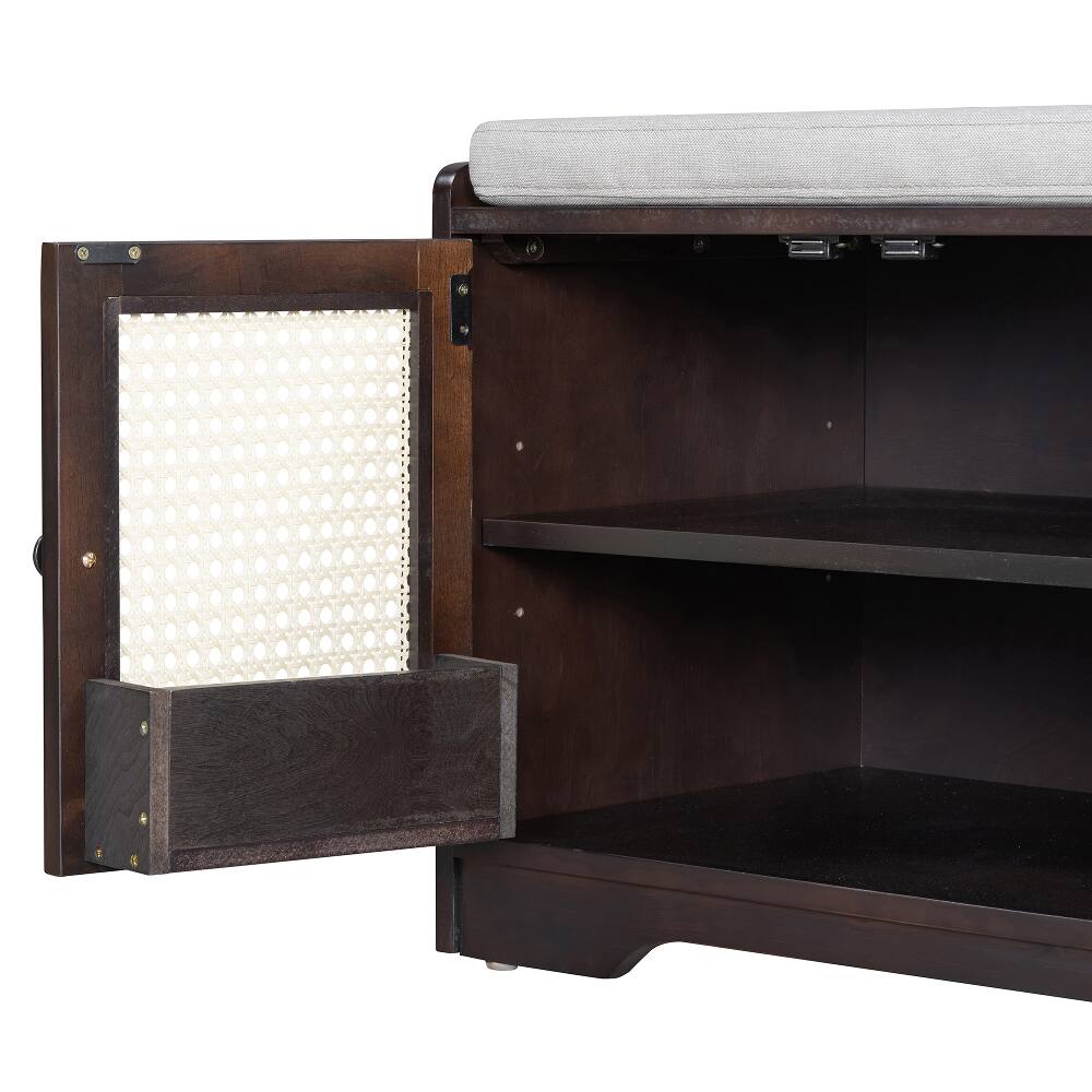 Back. Ropilly - Ropilly Rustic Wood Entryway Storage Bench with Rattan Doors Removable Cushion Adjustable Shelves Espresso - Espresso.