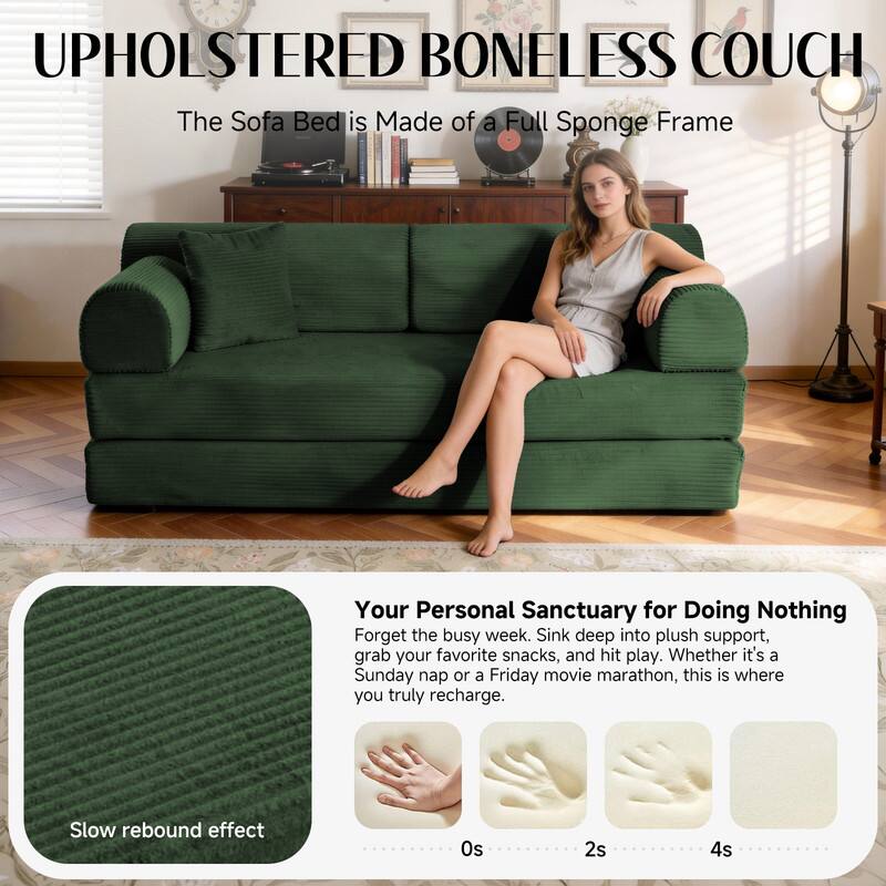 UPHOLSTERED BONELESS COUCH  
The Sofa Bed is Made of a Full Sponge Frame

Your Personal Sanctuary for Doing Nothing  
Forget the busy week. Sink deep into plush support, grab your favorite snacks, and hit play. Whether it's a Sunday nap or a Friday movie marathon, this is where you truly recharge.

Slow rebound effect  
0s  
2s  
4s