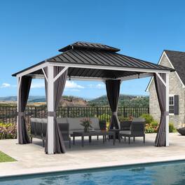 PURPLE LEAF - Outdoor Aluminum White Hardtop Gazebo with Galvanized Steel Double Roof with Netting and Curtains - 10' X 12'