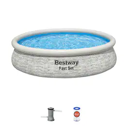 Bestway - Fast Set 12' x 30" Round Inflatable Stacked Stone Swimming Pool Set - Gray