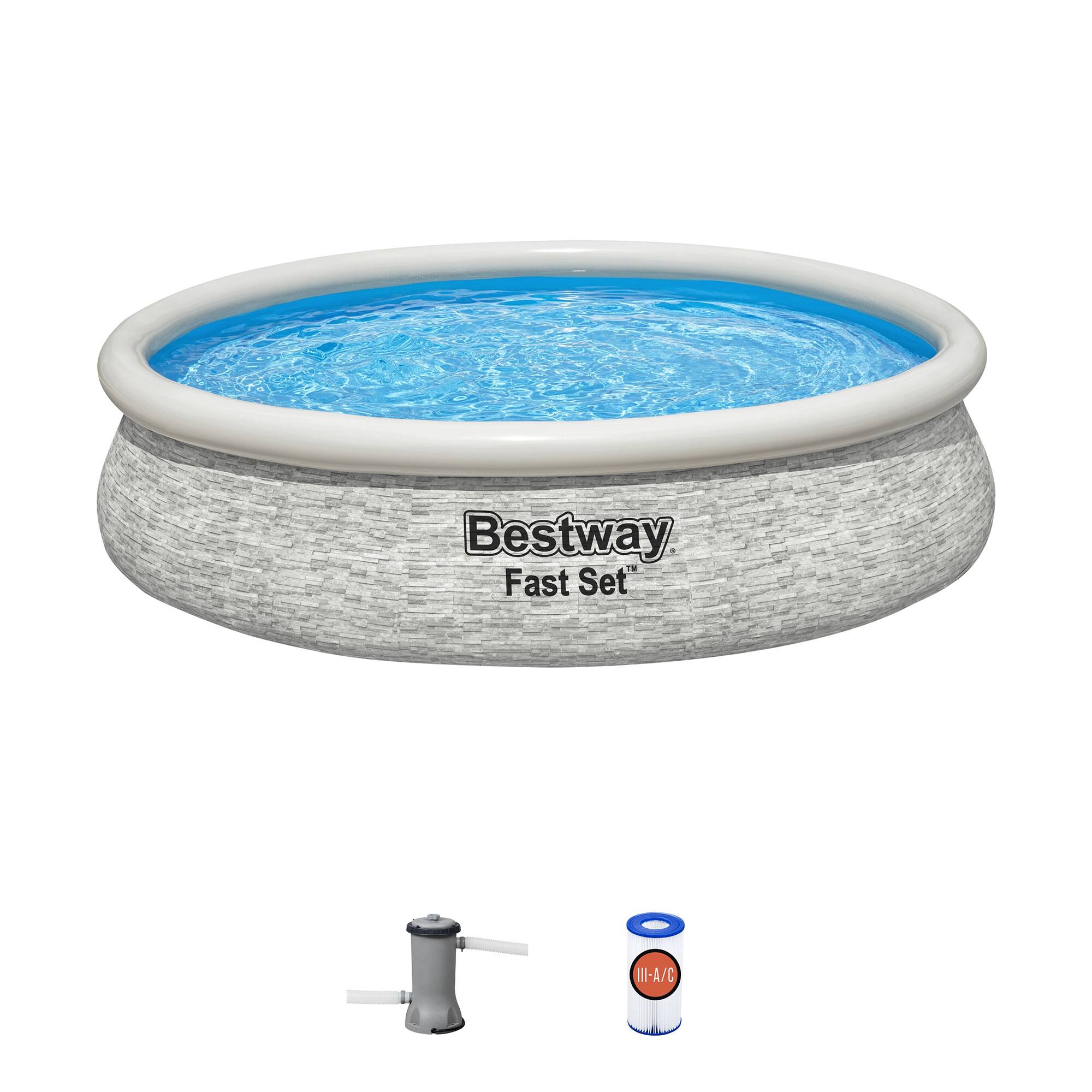 Bestway - Fast Set 12' x 30" Round Inflatable Stacked Stone Swimming Pool Set - Gray