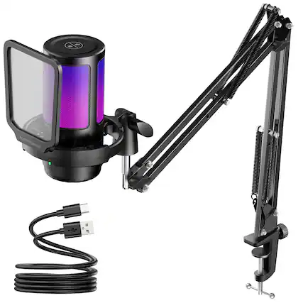 Front. Fabibe - Gaming Usb Microphone Noise Cancellation Condenser Mic With Mute Gain Rgb Boom Arm Stand For Streaming Podcast... - Black.