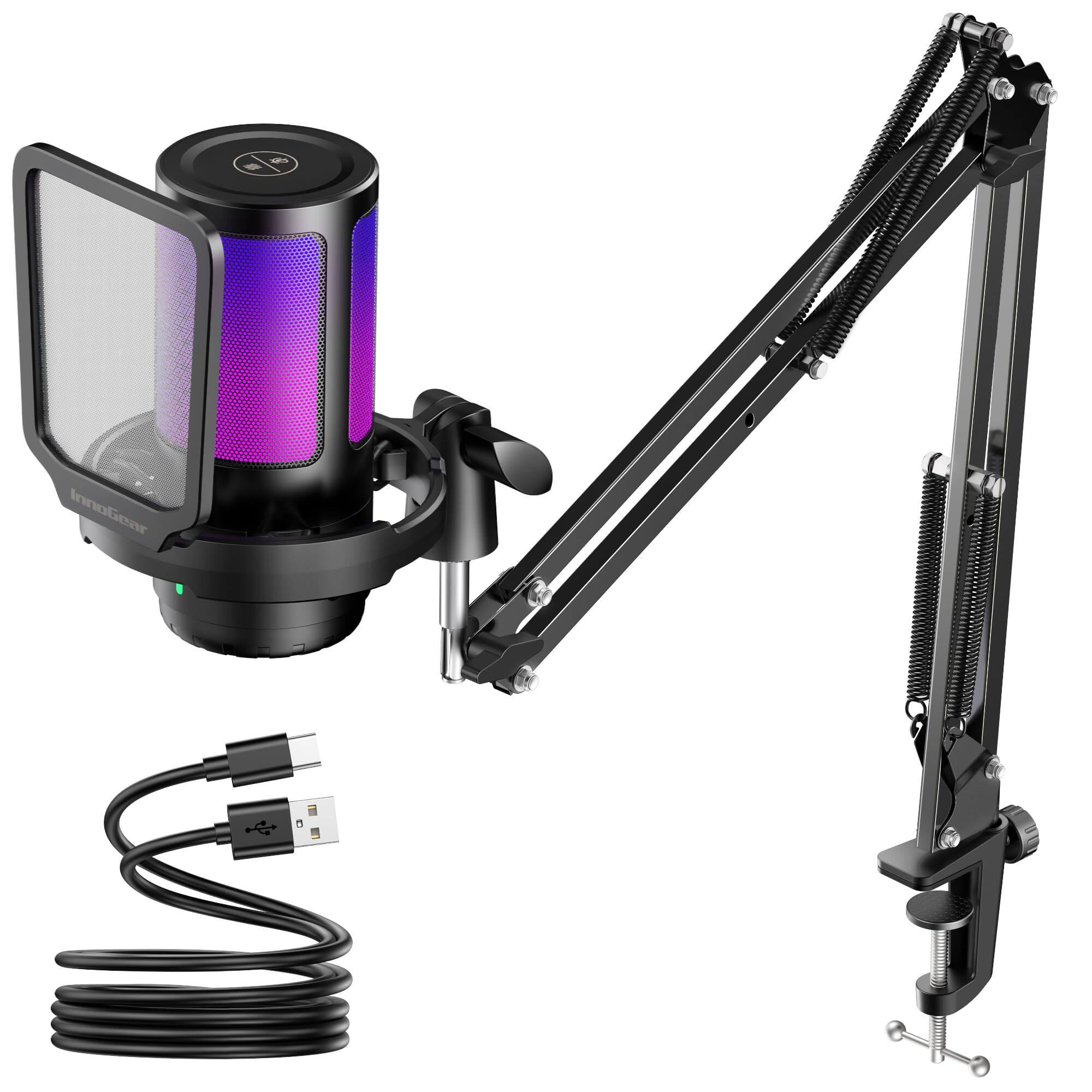 Front. Fabibe - Gaming Usb Microphone Noise Cancellation Condenser Mic With Mute Gain Rgb Boom Arm Stand For Streaming Podcast... - Black.